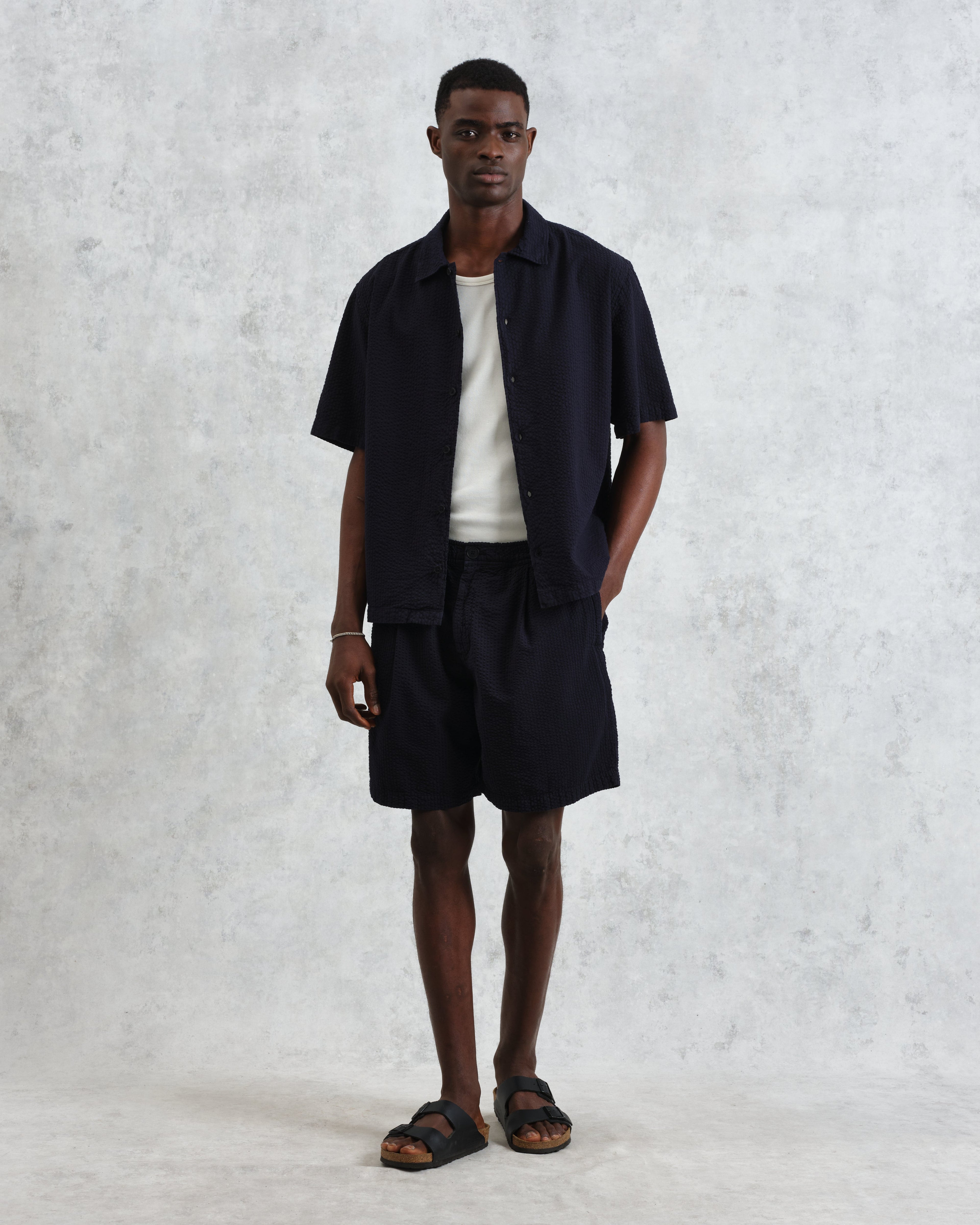 Fuller - Navy Cotton Seersucker Shorts