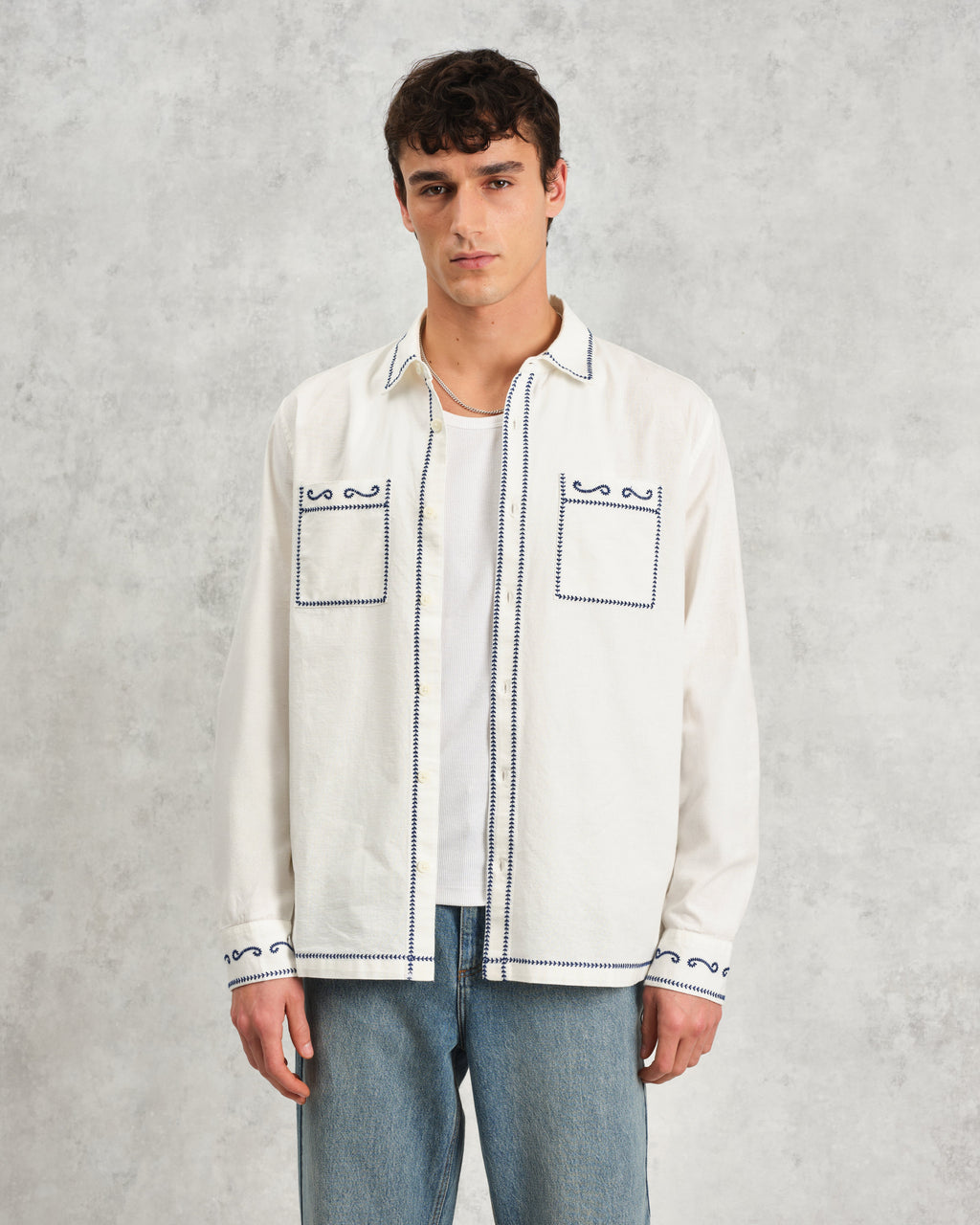 Haven - Ecru And Blue Embroidered Shirt