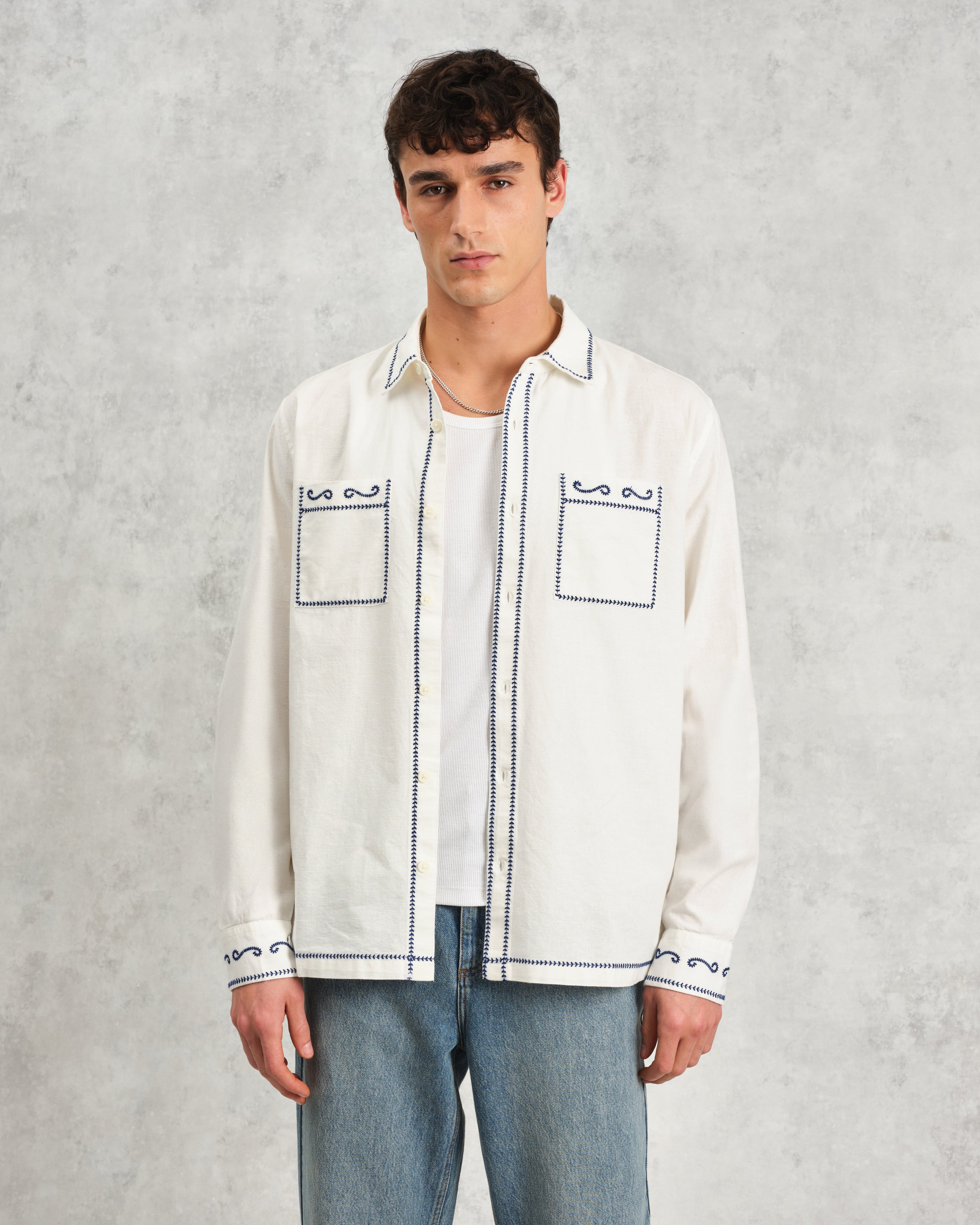 Haven - Ecru And Blue Embroidered Shirt