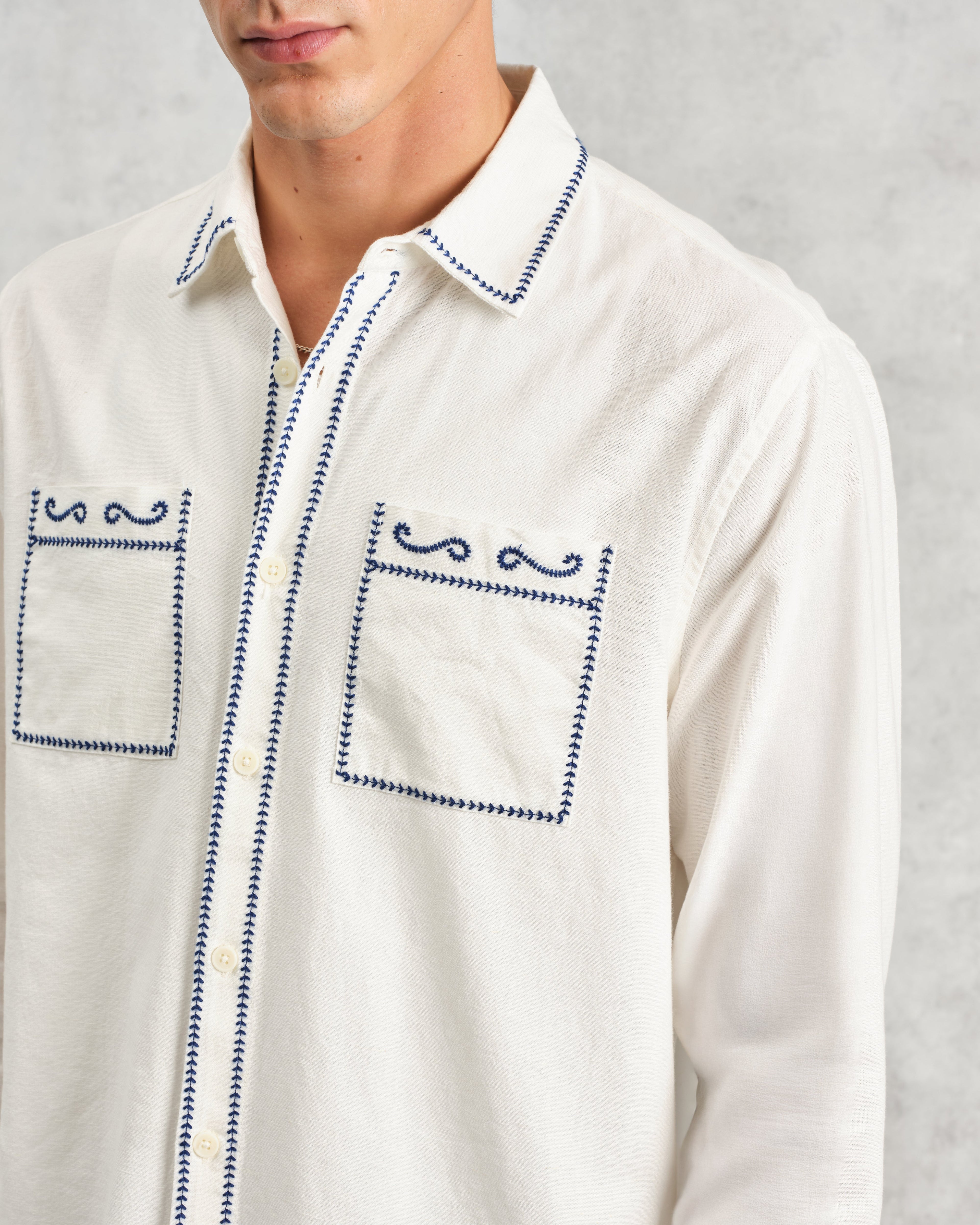 Haven - Ecru And Blue Embroidered Shirt