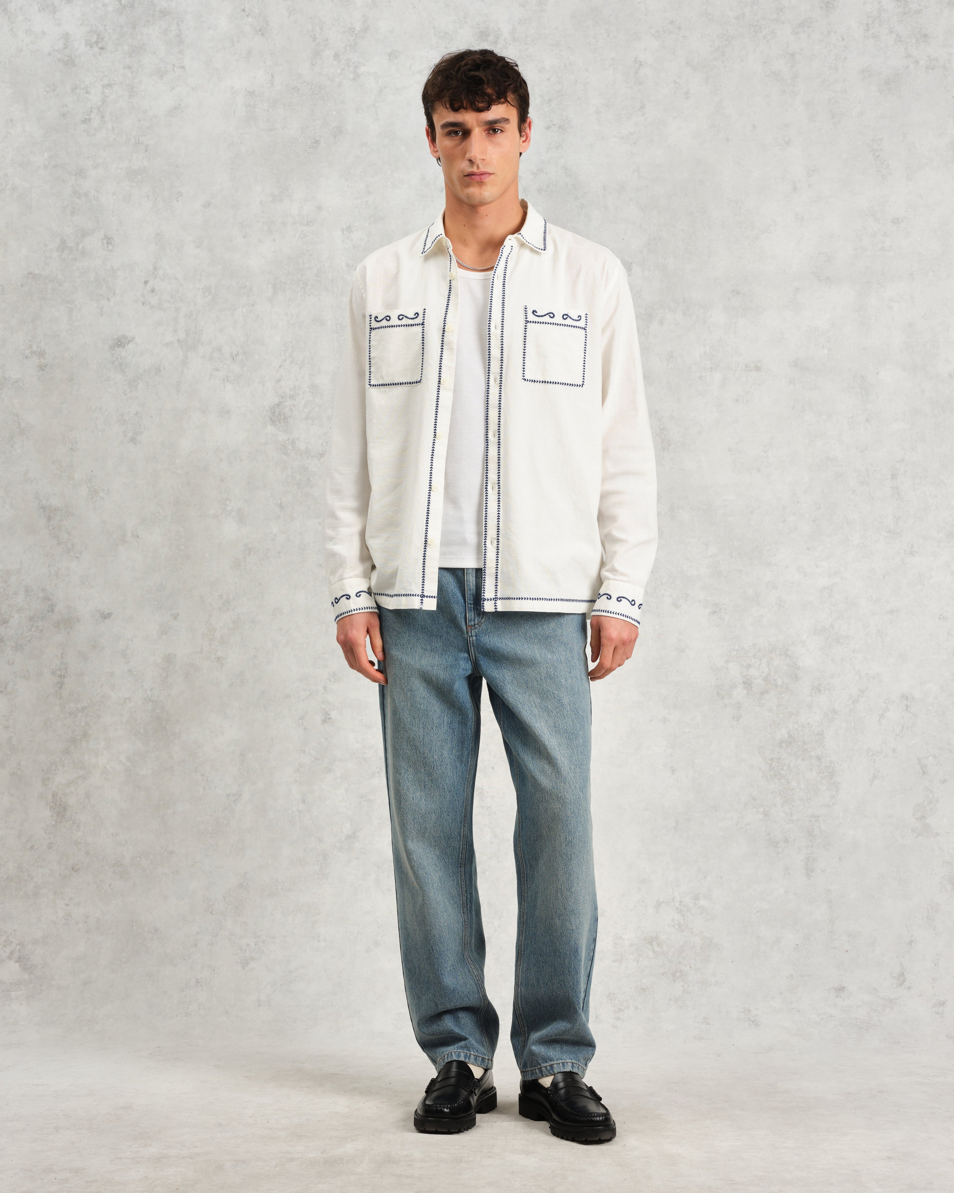 Haven - Ecru And Blue Embroidered Shirt