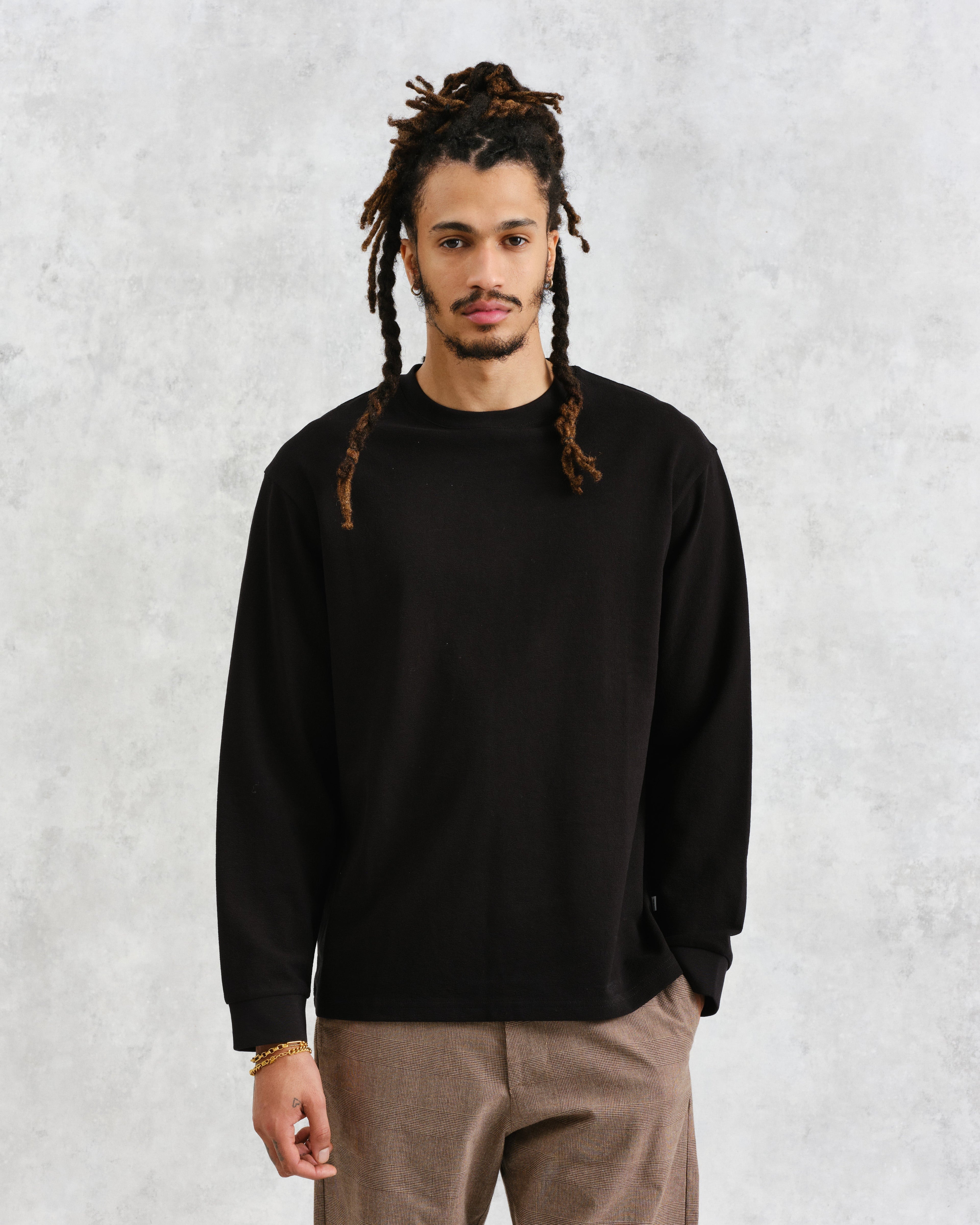 Hayden - Black Textured Organic Cotton Long Sleeve T-Shirt