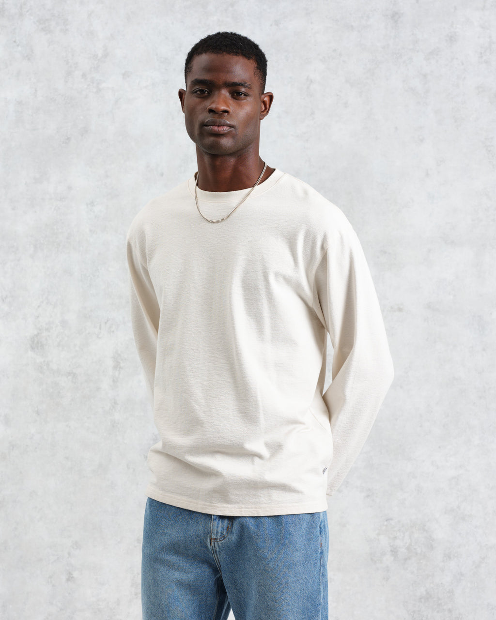 Hayden - Ecru Textured Organic Cotton Long Sleeve T-Shirt