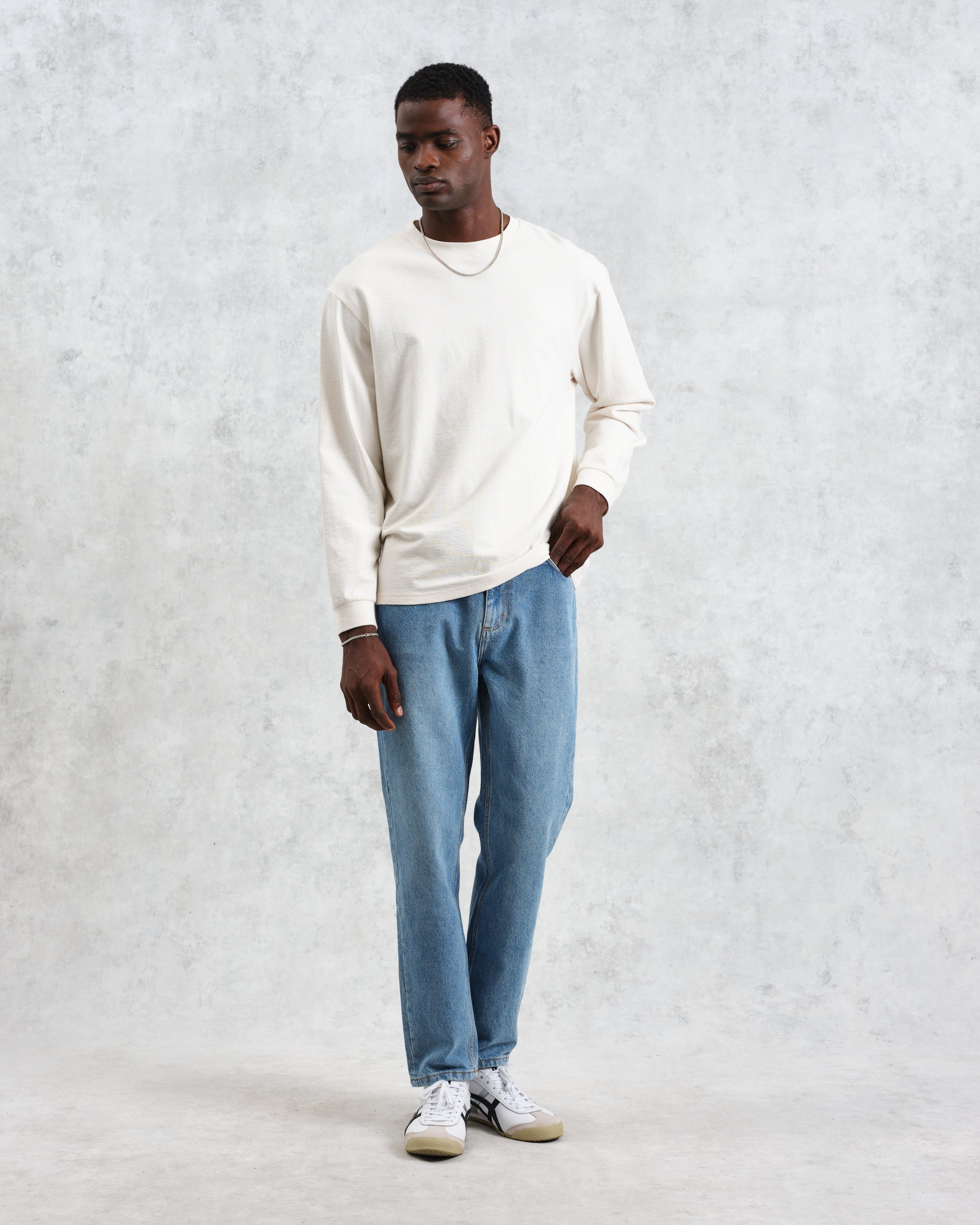 Hayden - Ecru Textured Organic Cotton Long Sleeve T-Shirt
