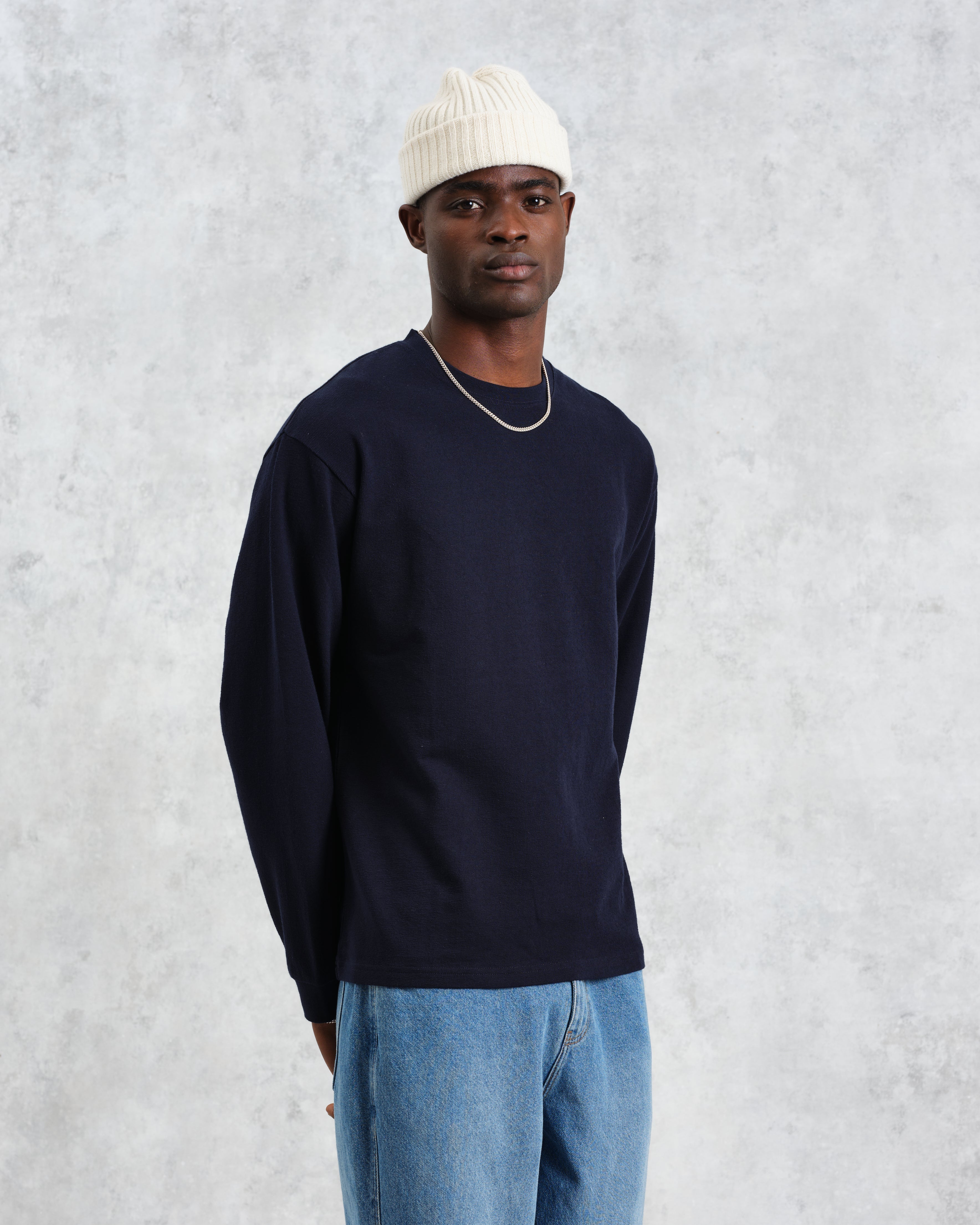 Hayden - Navy Textured Organic Cotton Long Sleeve T-Shirt