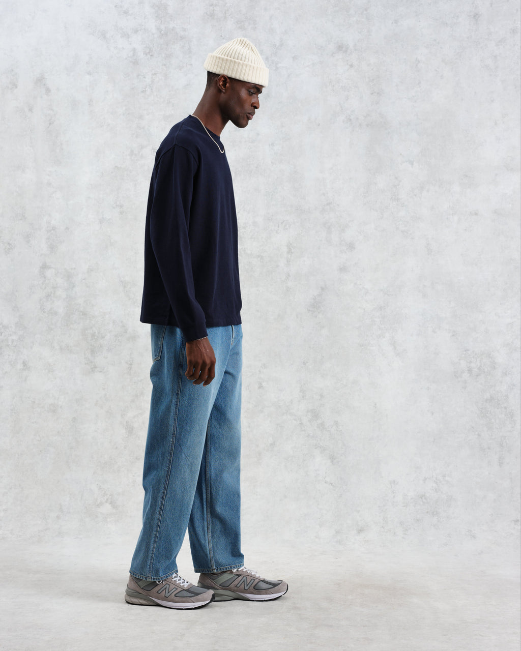 Hayden - Navy Textured Organic Cotton Long Sleeve T-Shirt