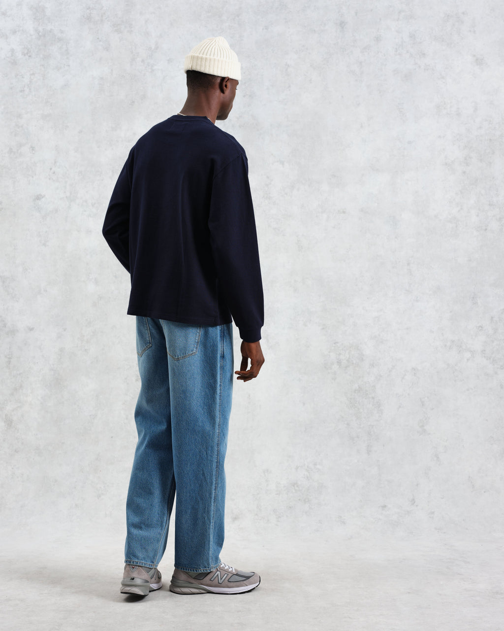 Hayden - Navy Textured Organic Cotton Long Sleeve T-Shirt