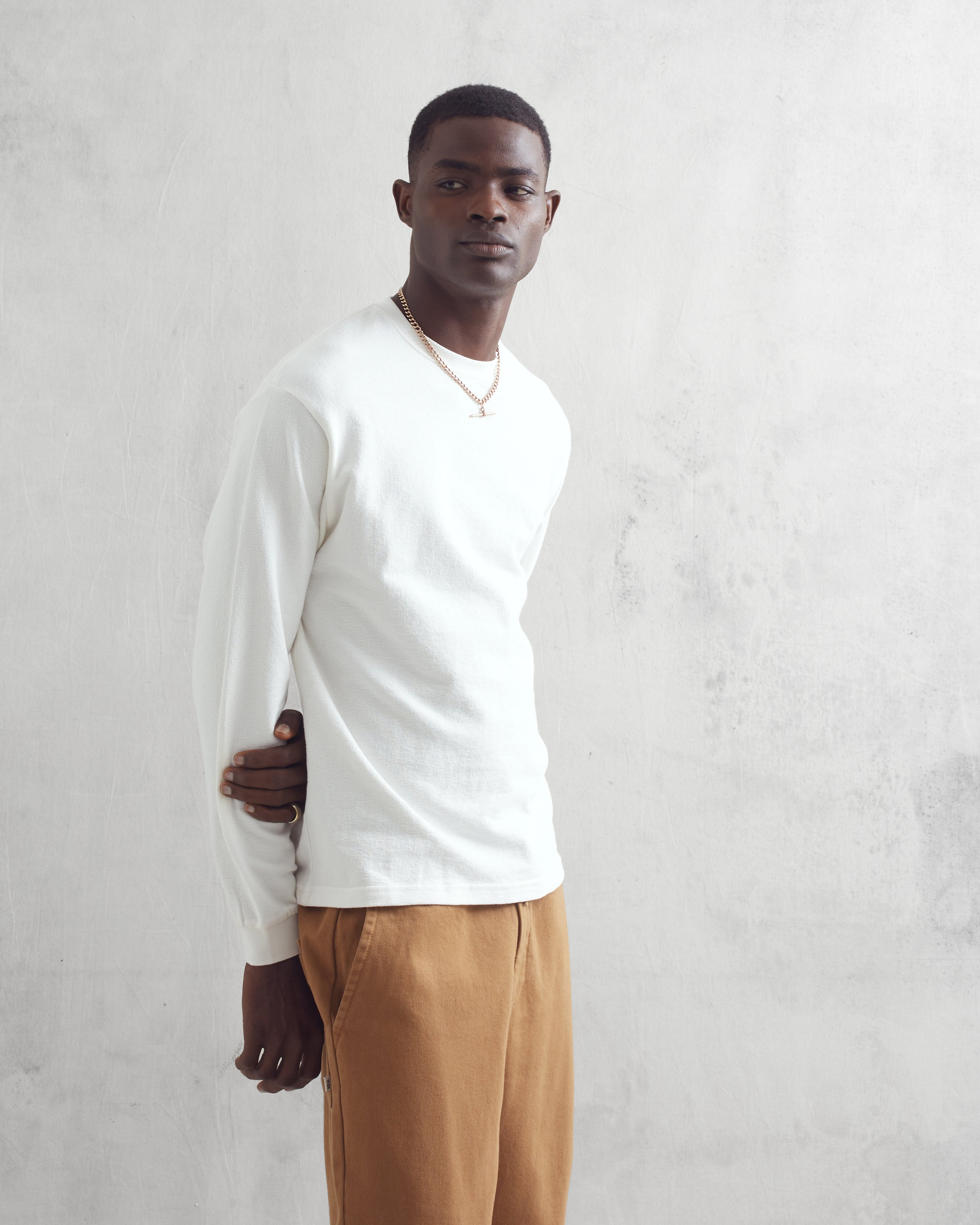 Hayden - White Textured Organic Cotton Long Sleeve T-Shirt