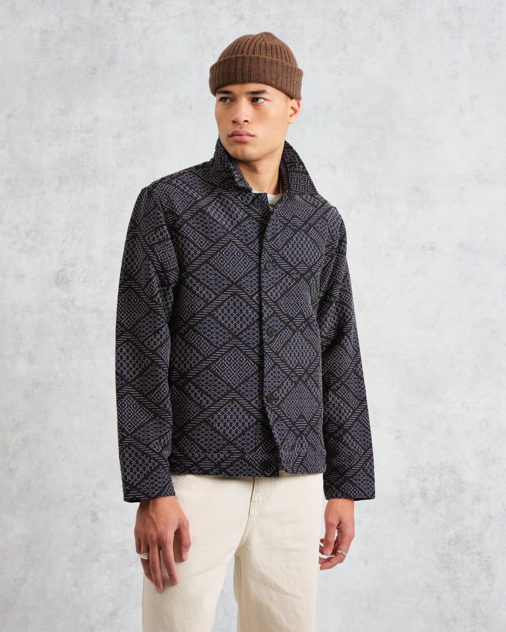 Iggy - Navy Diamond Stitch Jacquard Jacket