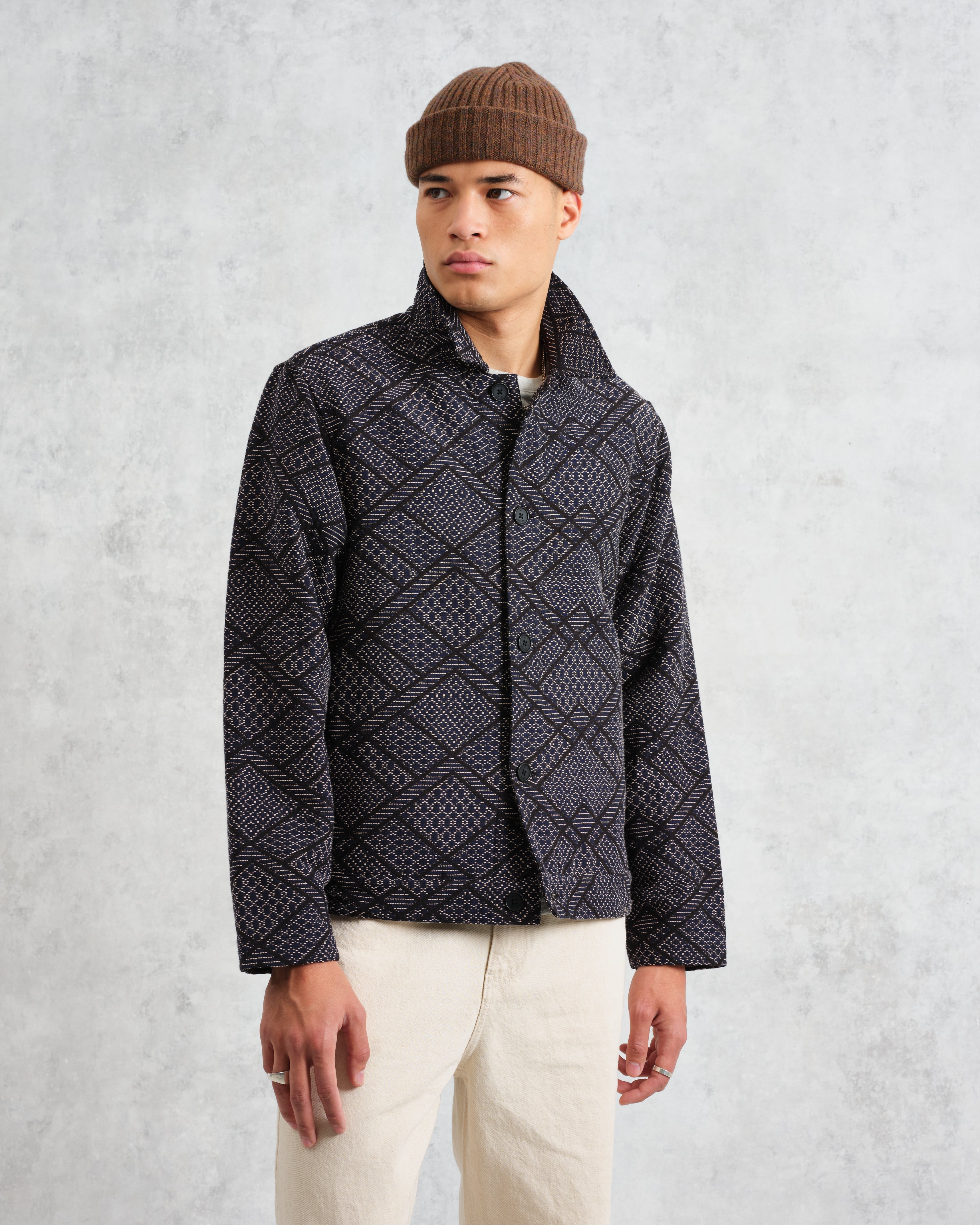 Iggy - Navy Diamond Stitch Jacquard Jacket