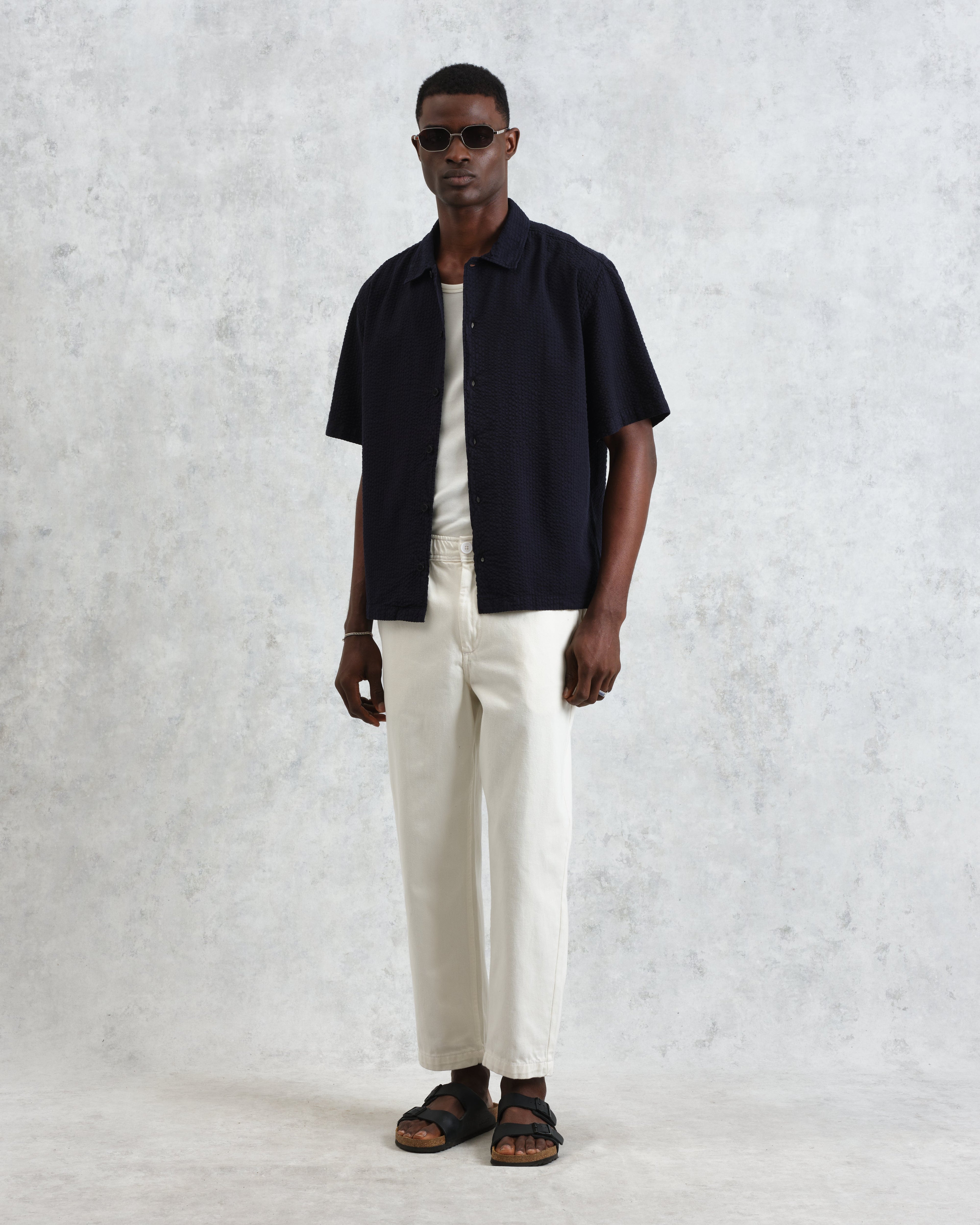Keats - Navy Cotton Seersucker Short-Sleeve Shirt