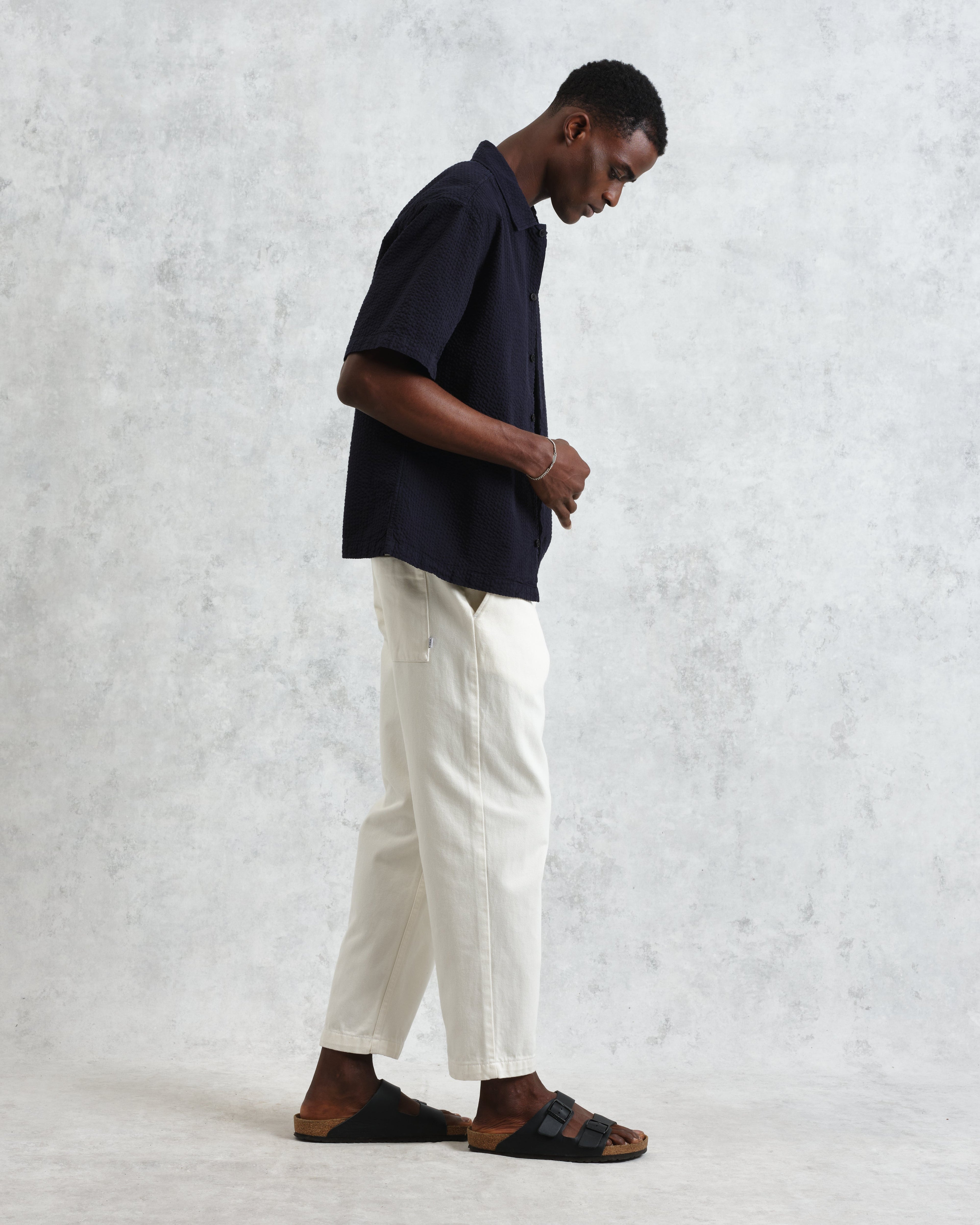Keats - Navy Cotton Seersucker Short-Sleeve Shirt