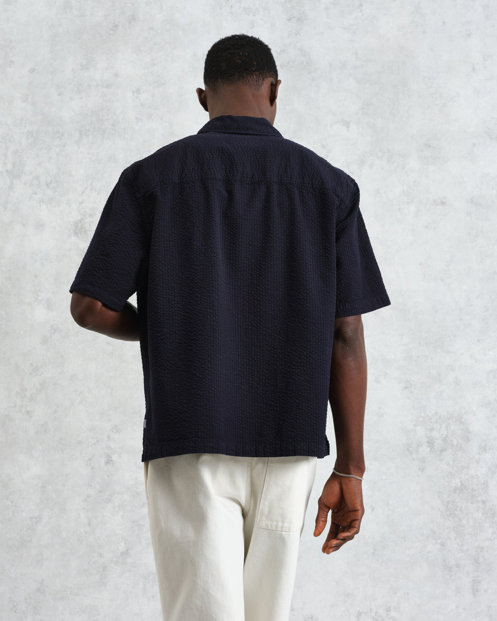 Keats - Navy Cotton Seersucker Short-Sleeve Shirt