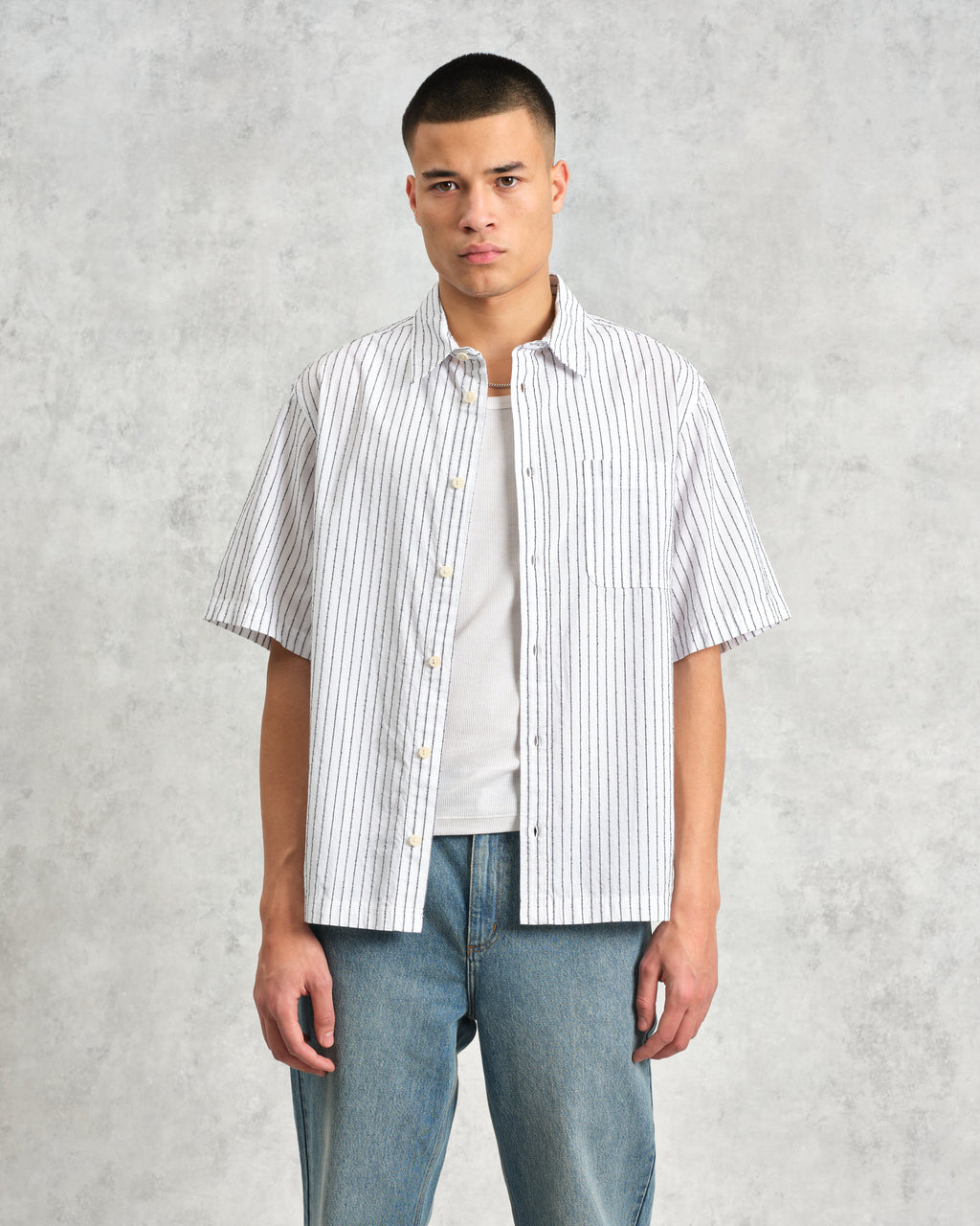 Kew - White Stripe Cotton-Poplin Short-Sleeve Shirt