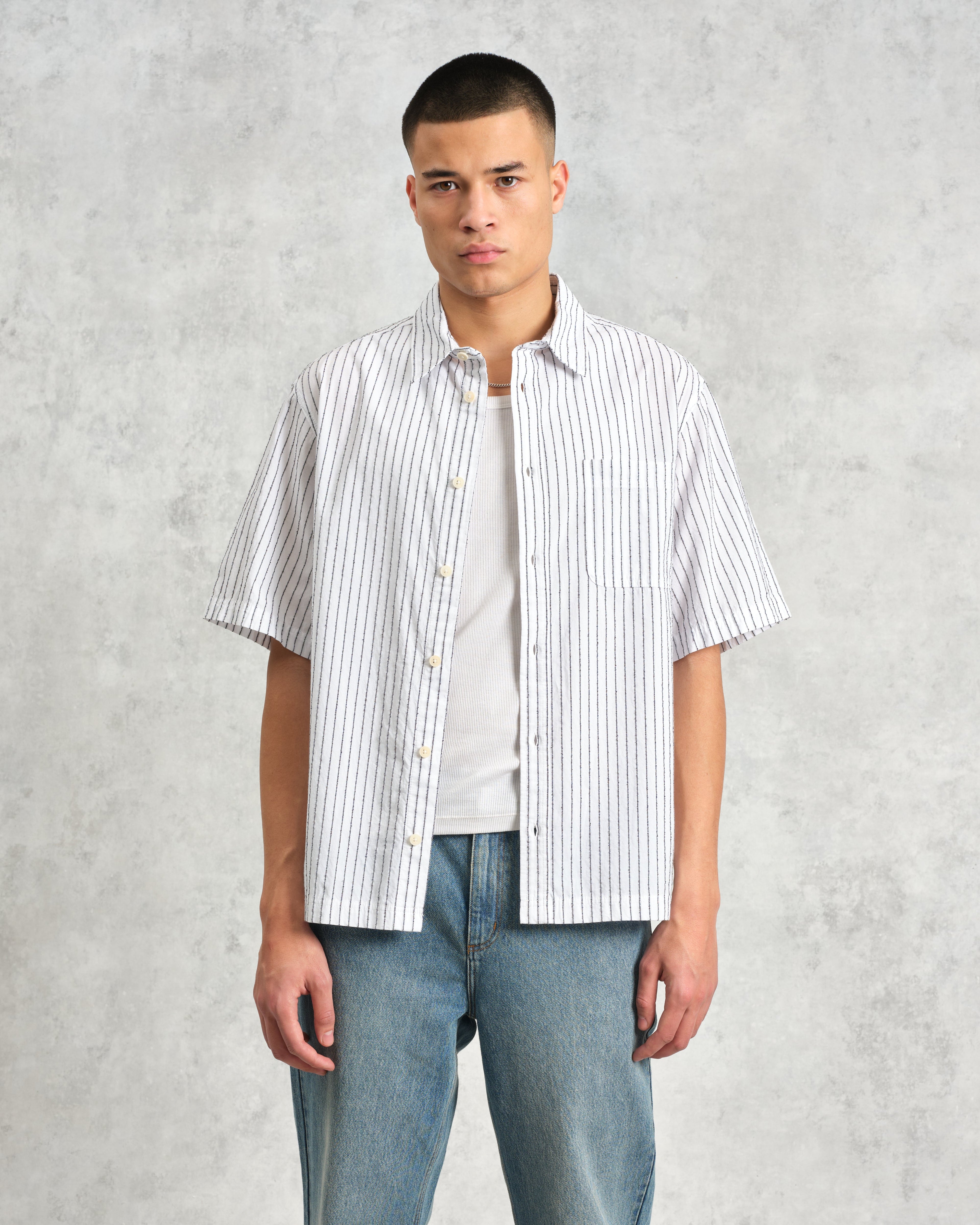 Kew - White Stripe Cotton-Poplin Short-Sleeve Shirt
