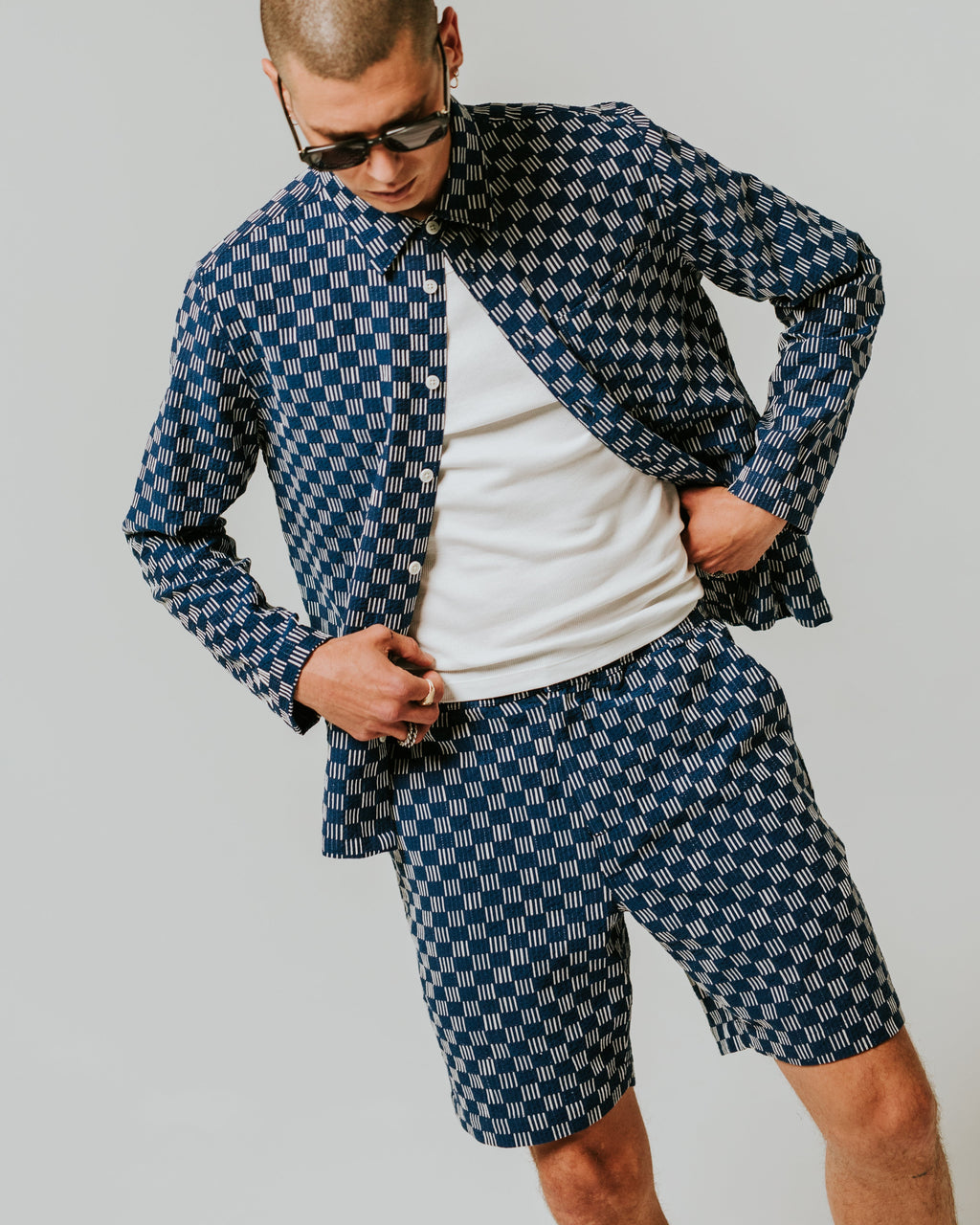 Kurt - Indigo And Ecru Geometric Grid Stitch Shorts