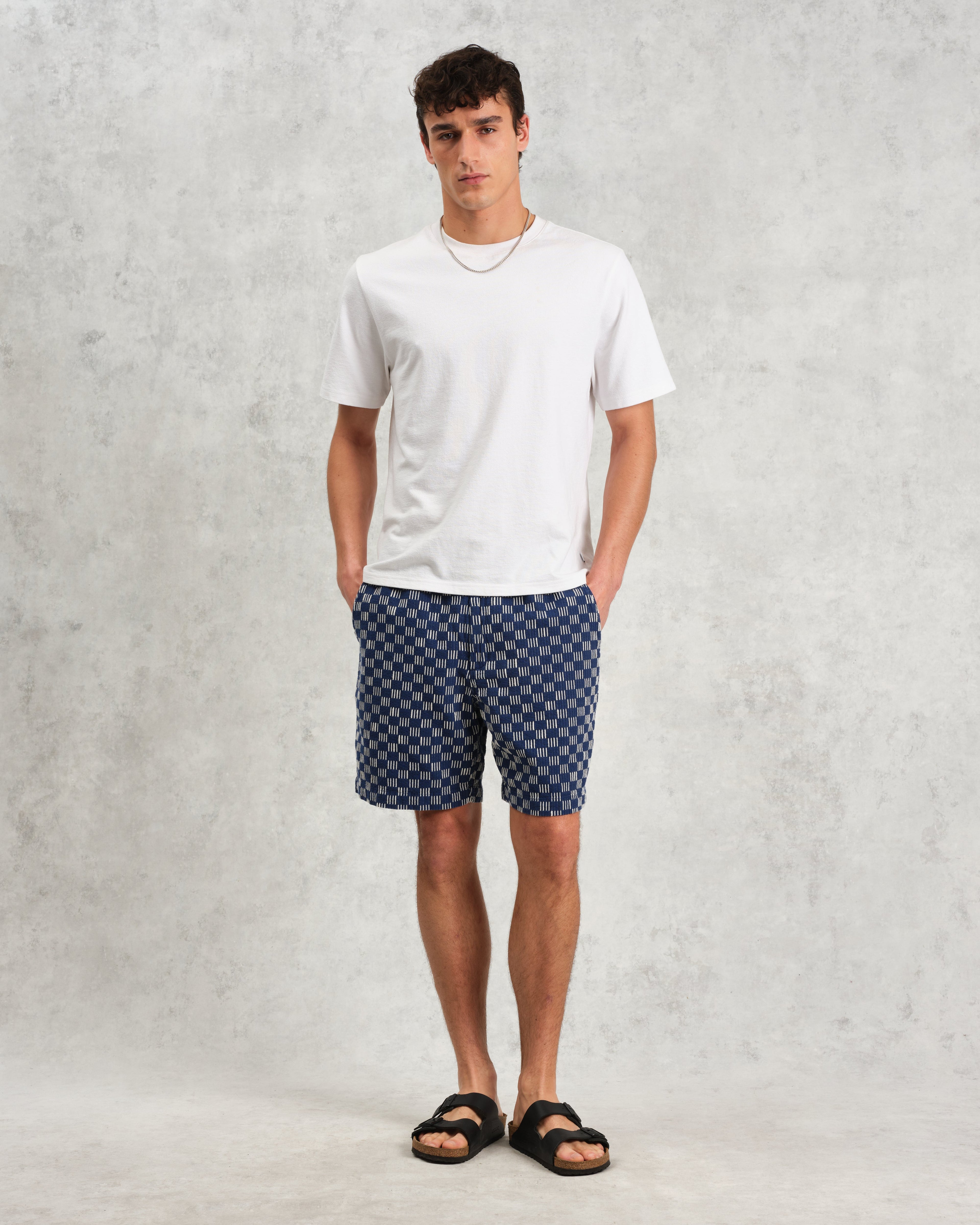 Kurt - Indigo And Ecru Geometric Grid Stitch Shorts