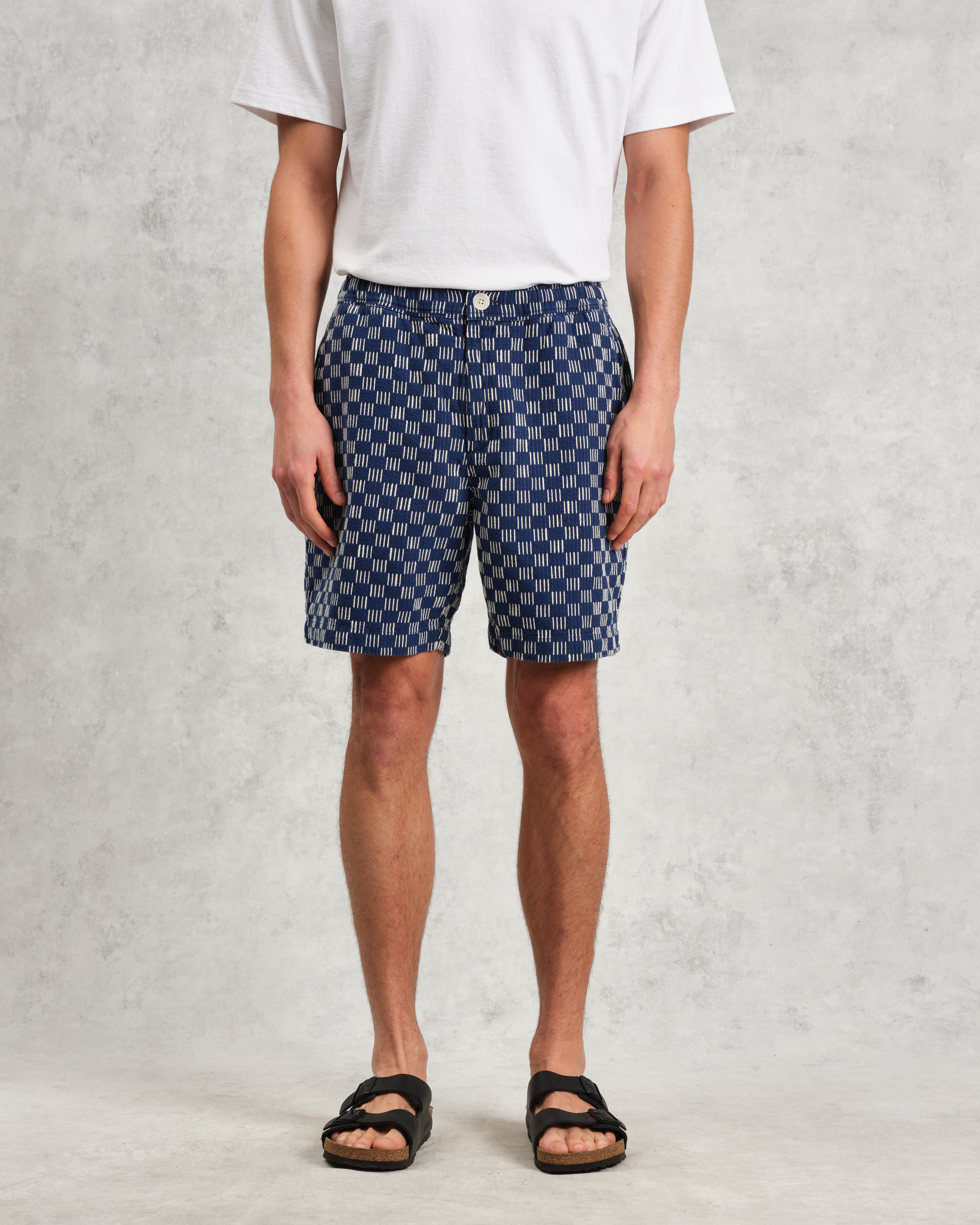 Kurt - Indigo And Ecru Geometric Grid Stitch Shorts