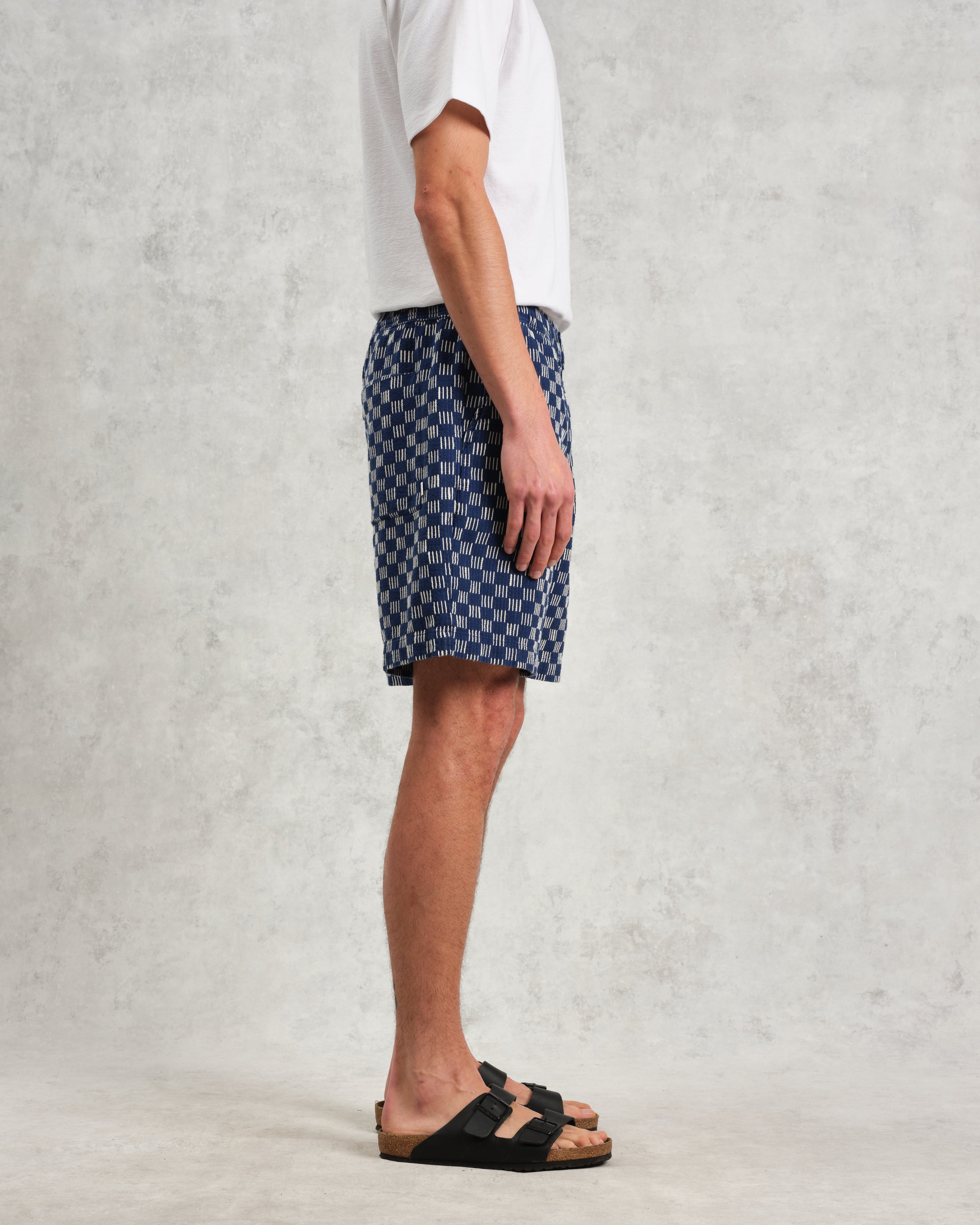 Kurt - Indigo And Ecru Geometric Grid Stitch Shorts