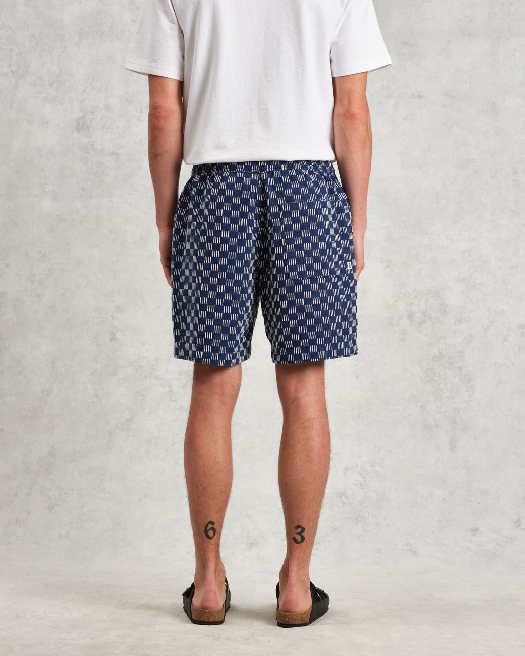 Kurt - Indigo And Ecru Geometric Grid Stitch Shorts