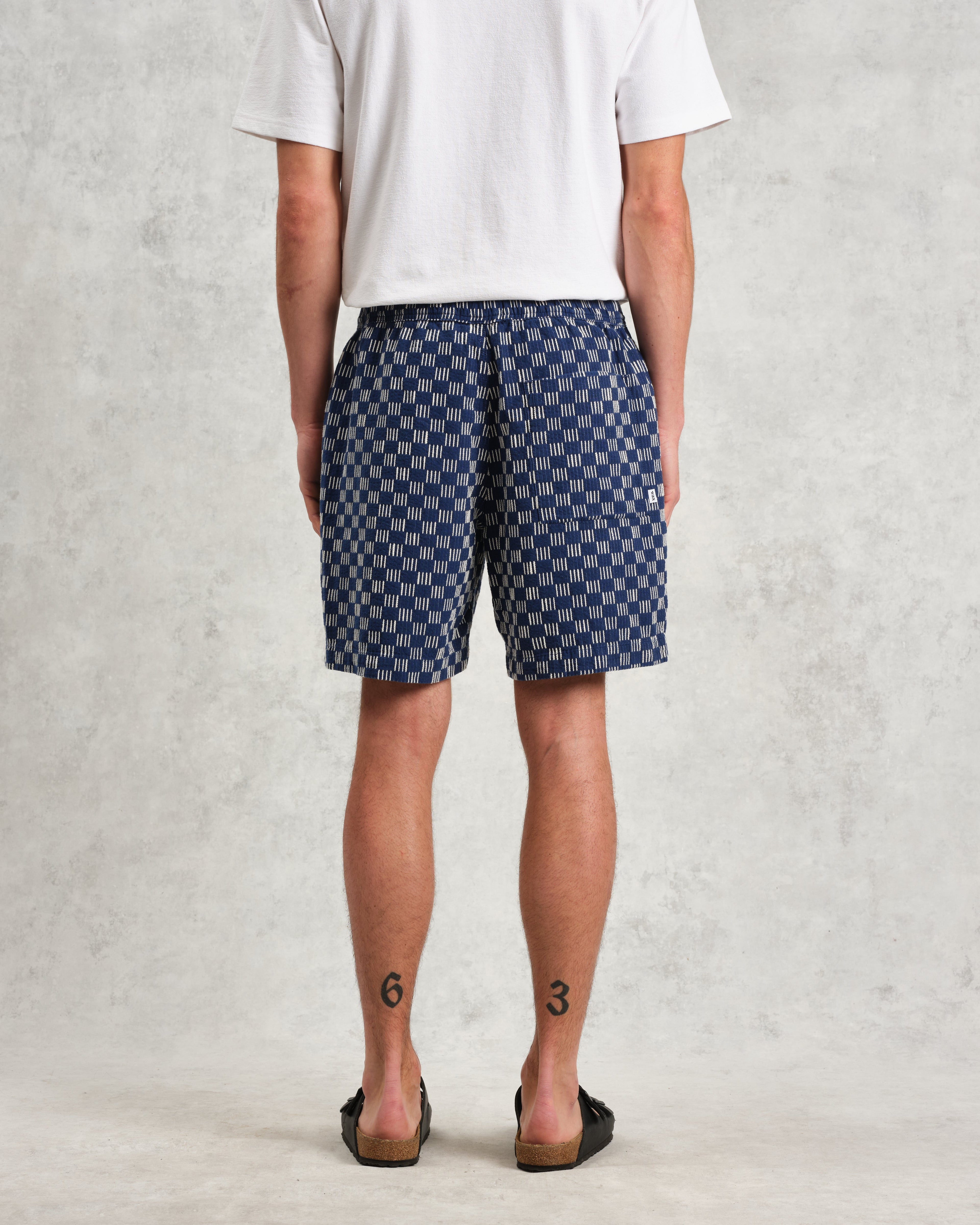 Kurt - Indigo And Ecru Geometric Grid Stitch Shorts