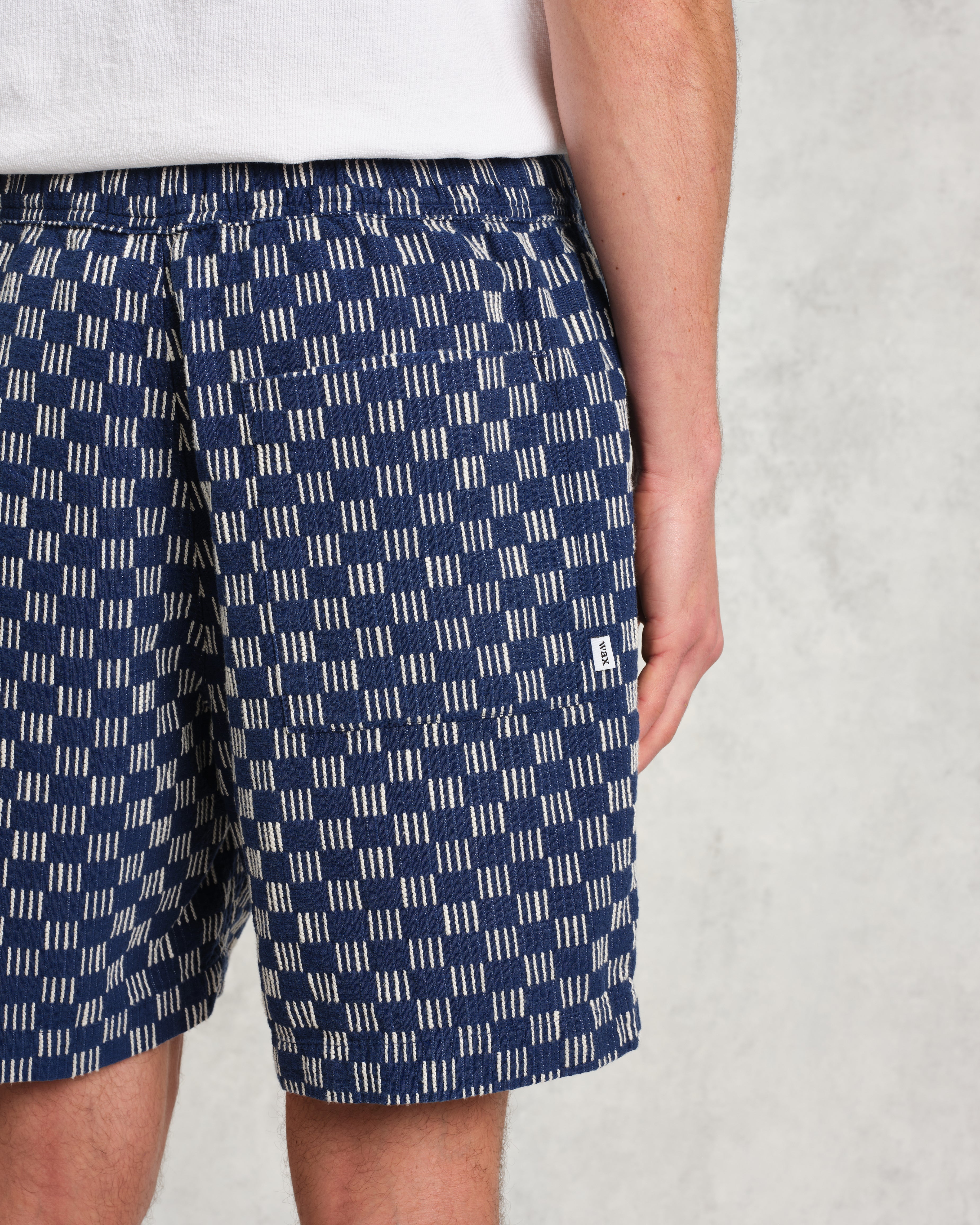 Kurt - Indigo And Ecru Geometric Grid Stitch Shorts