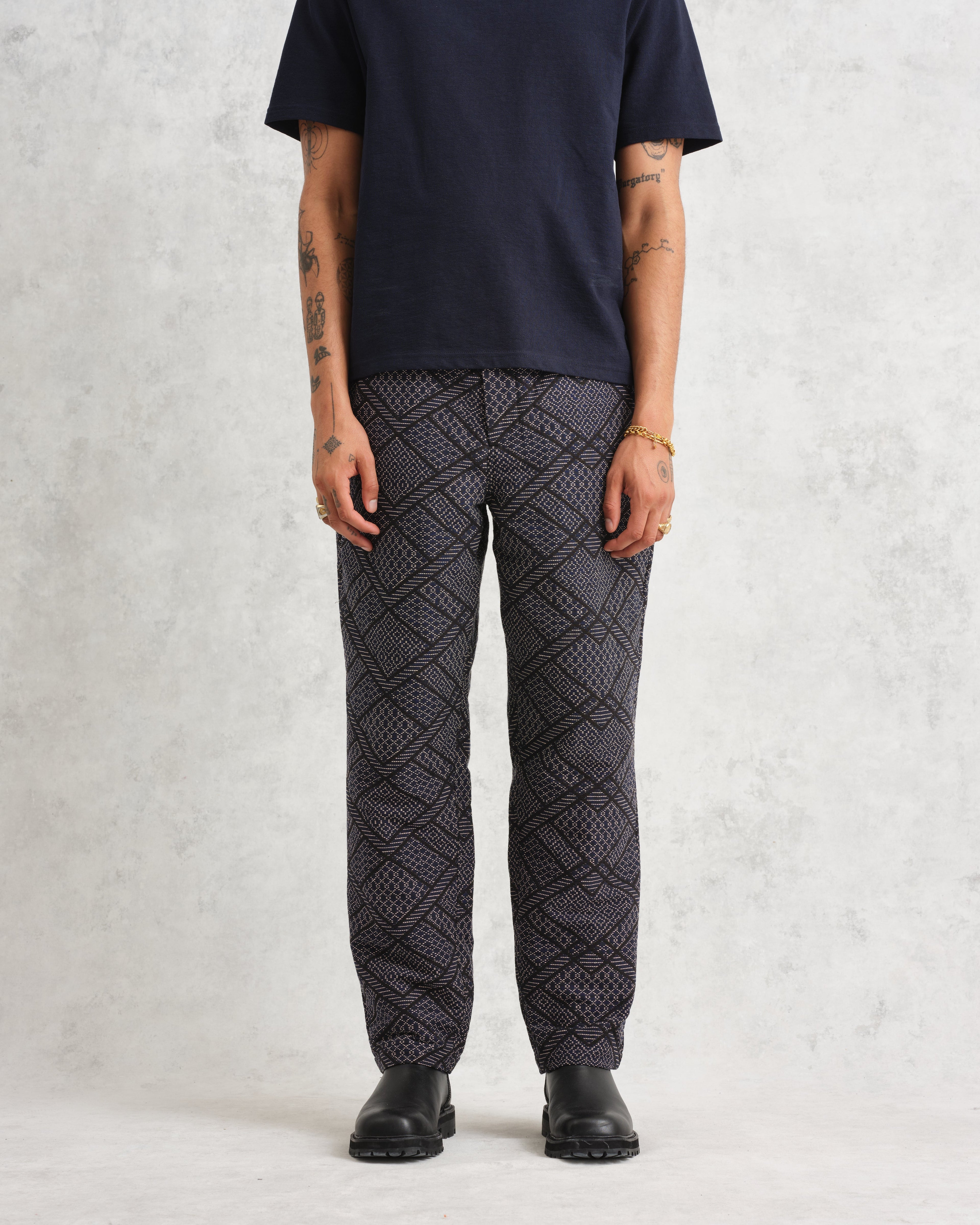 Kurt - Navy Diamond Stitch Jacquard Trousers
