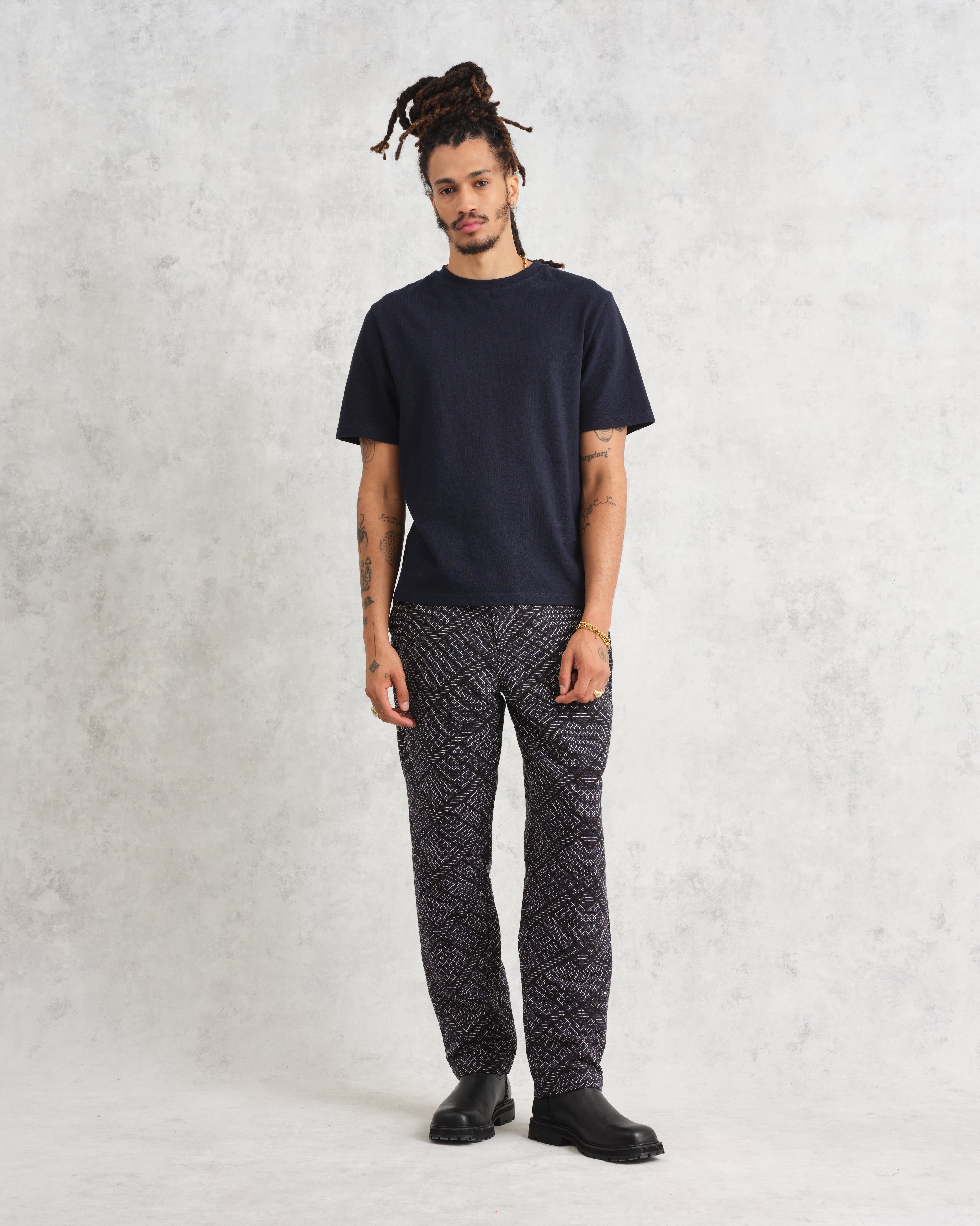 Kurt - Navy Diamond Stitch Jacquard Trousers