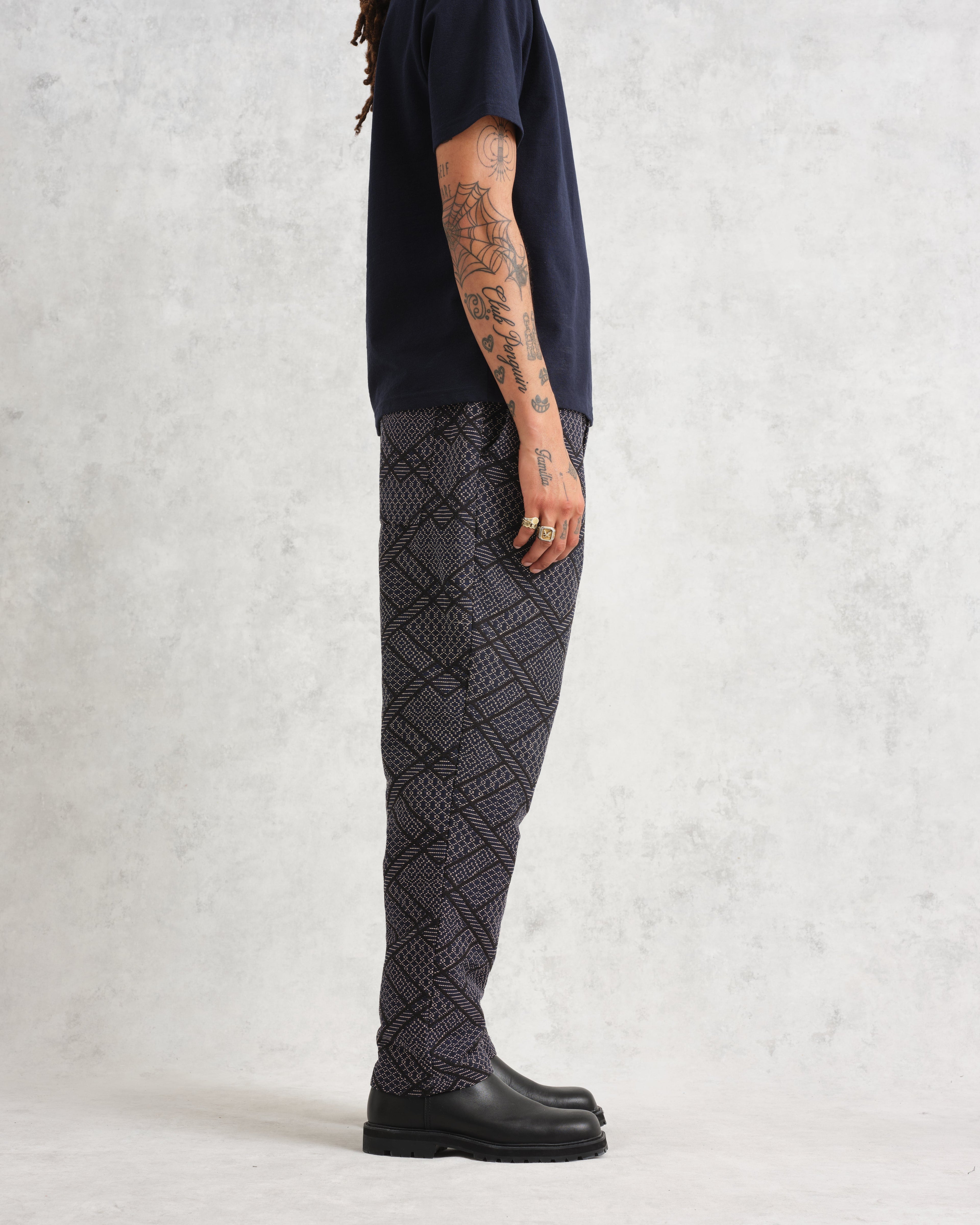 Kurt - Navy Diamond Stitch Jacquard Trousers