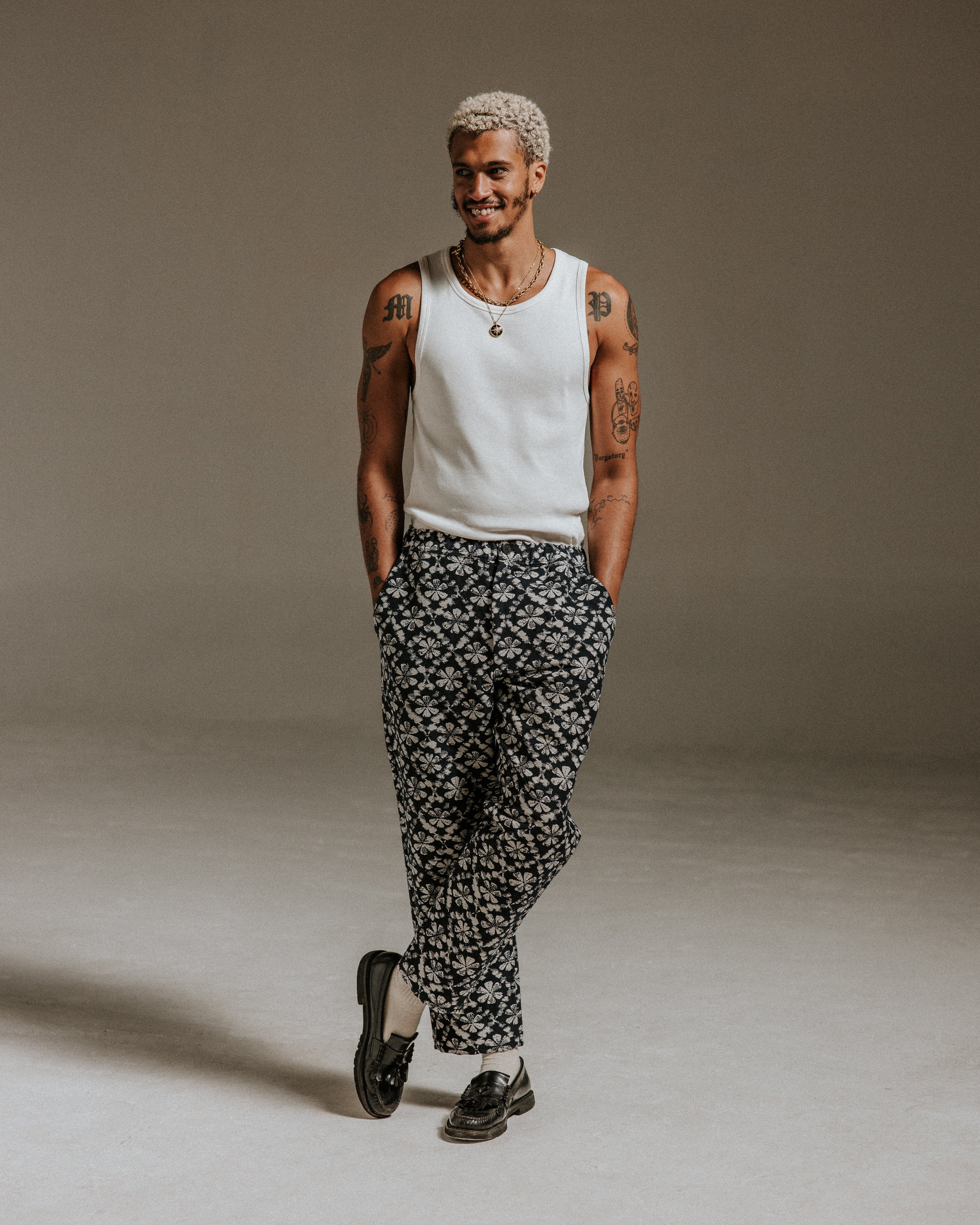 Kurt - Navy Flower Stamp Jacquard Trousers