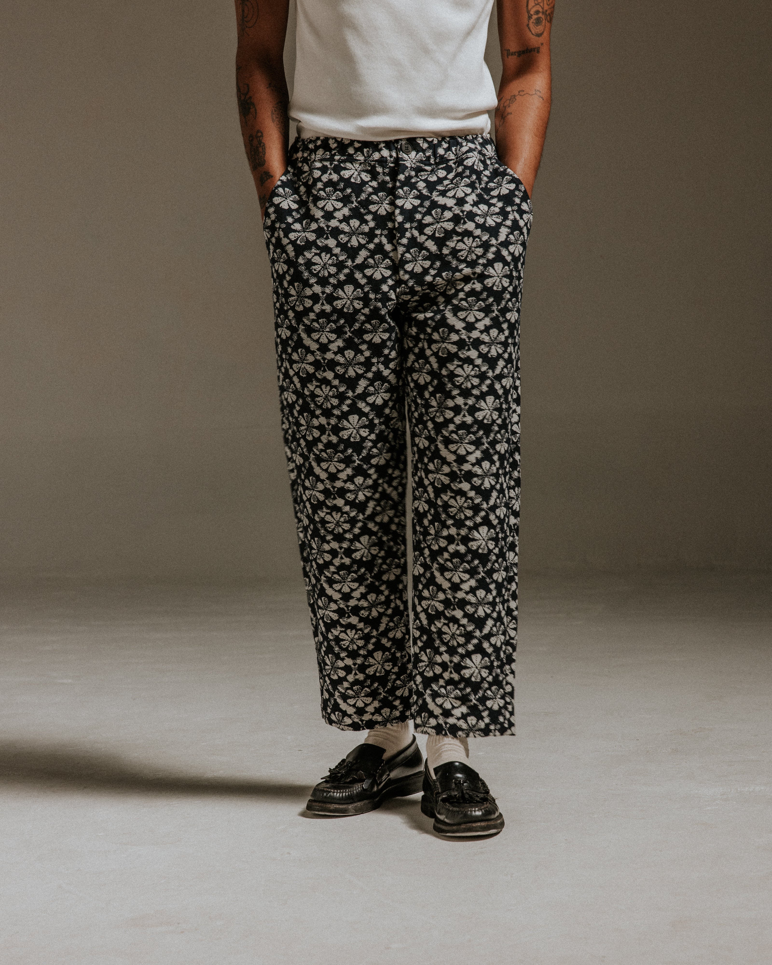 Kurt - Navy Flower Stamp Jacquard Trousers