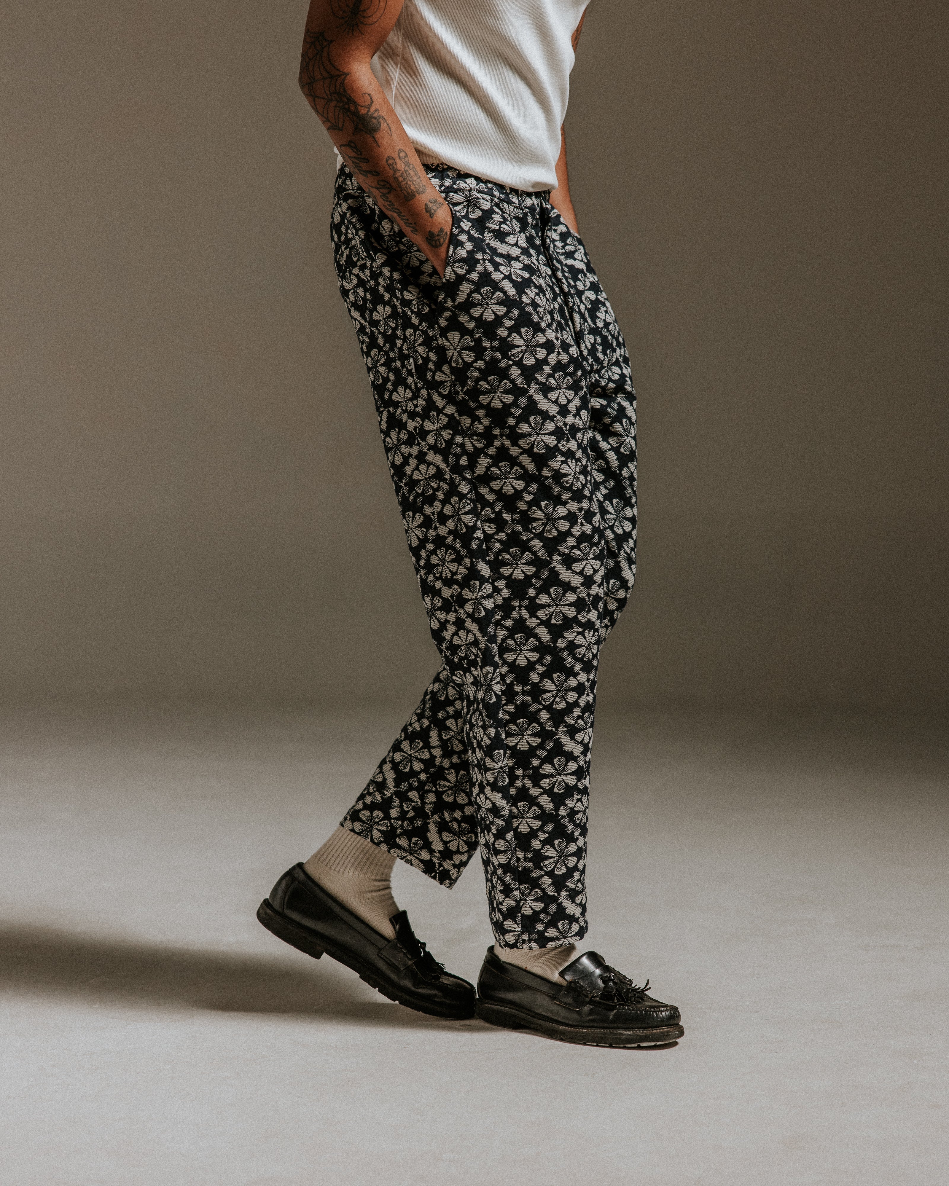 Kurt - Navy Flower Stamp Jacquard Trousers