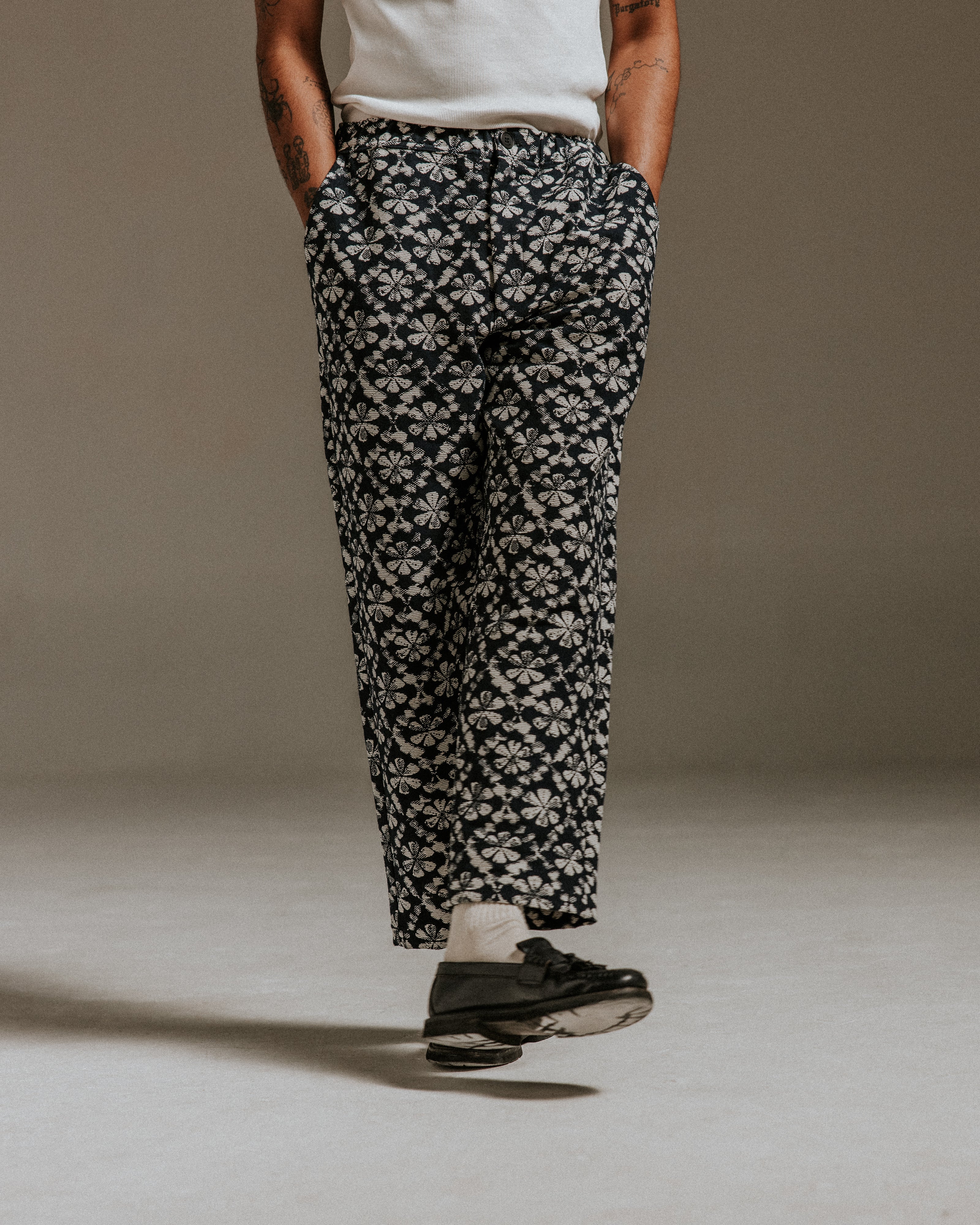 Kurt - Navy Flower Stamp Jacquard Trousers