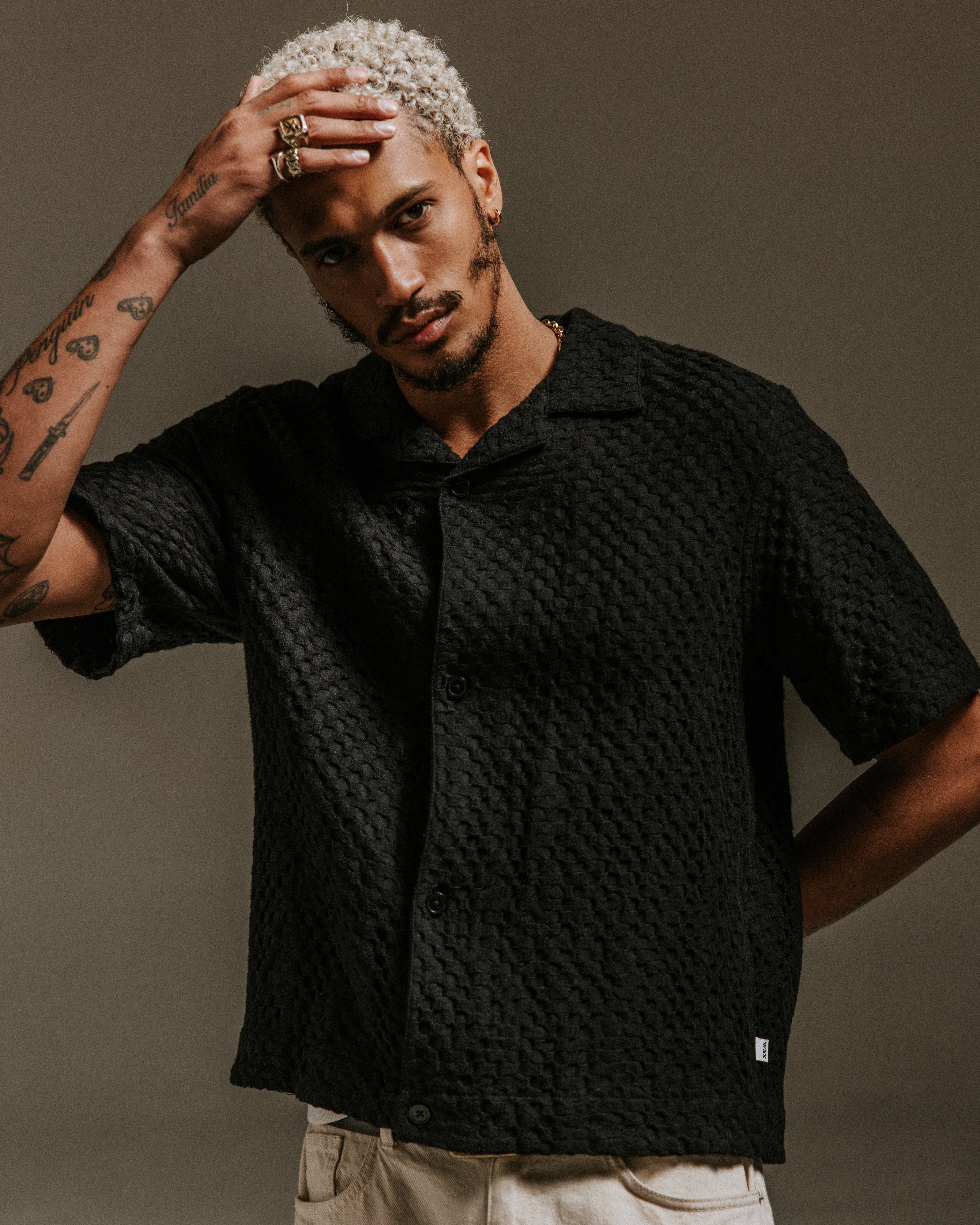 Lido - Black Dobby Cotton Weave Short-Sleeve Shirt