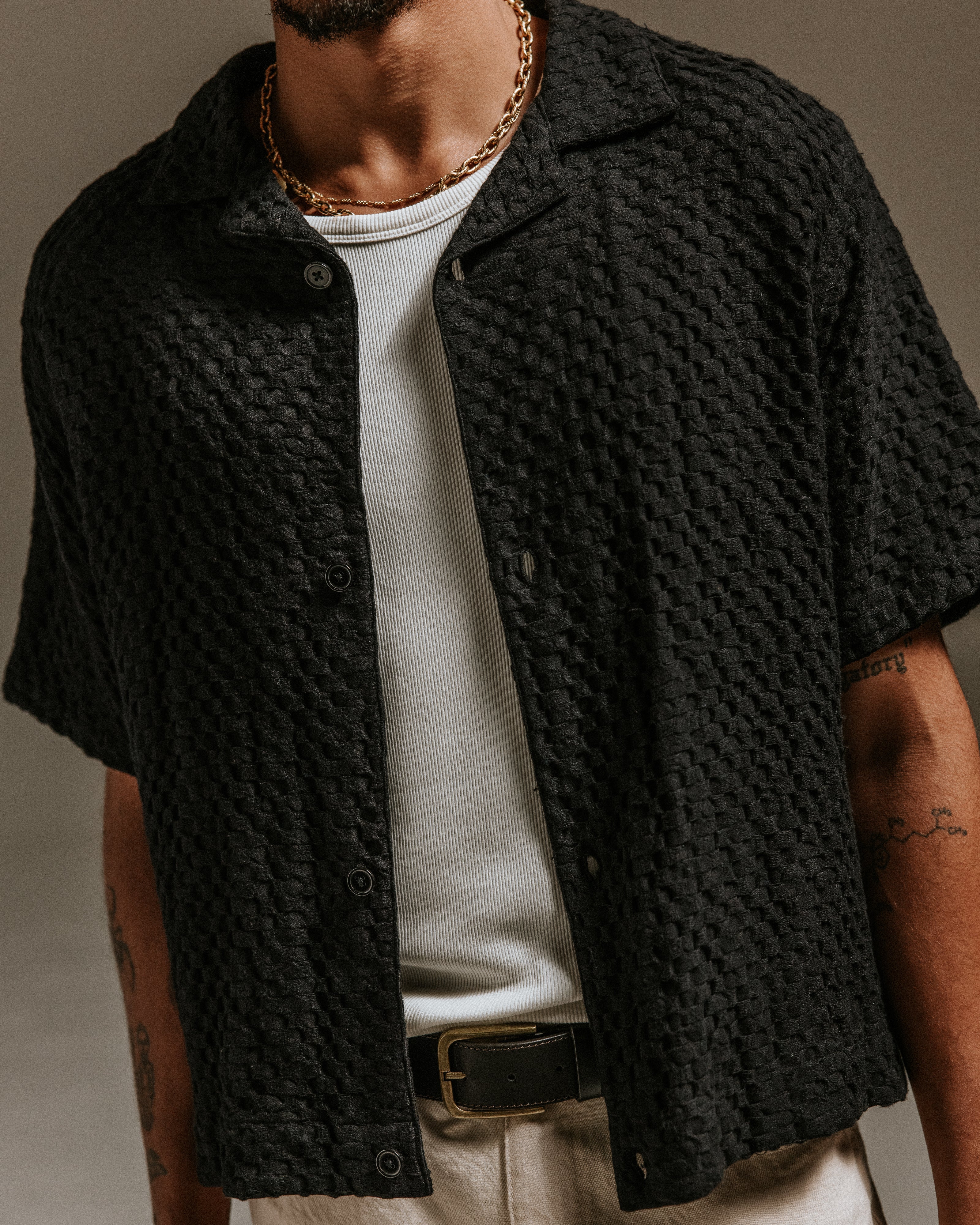 Lido - Black Dobby Cotton Weave Short-Sleeve Shirt