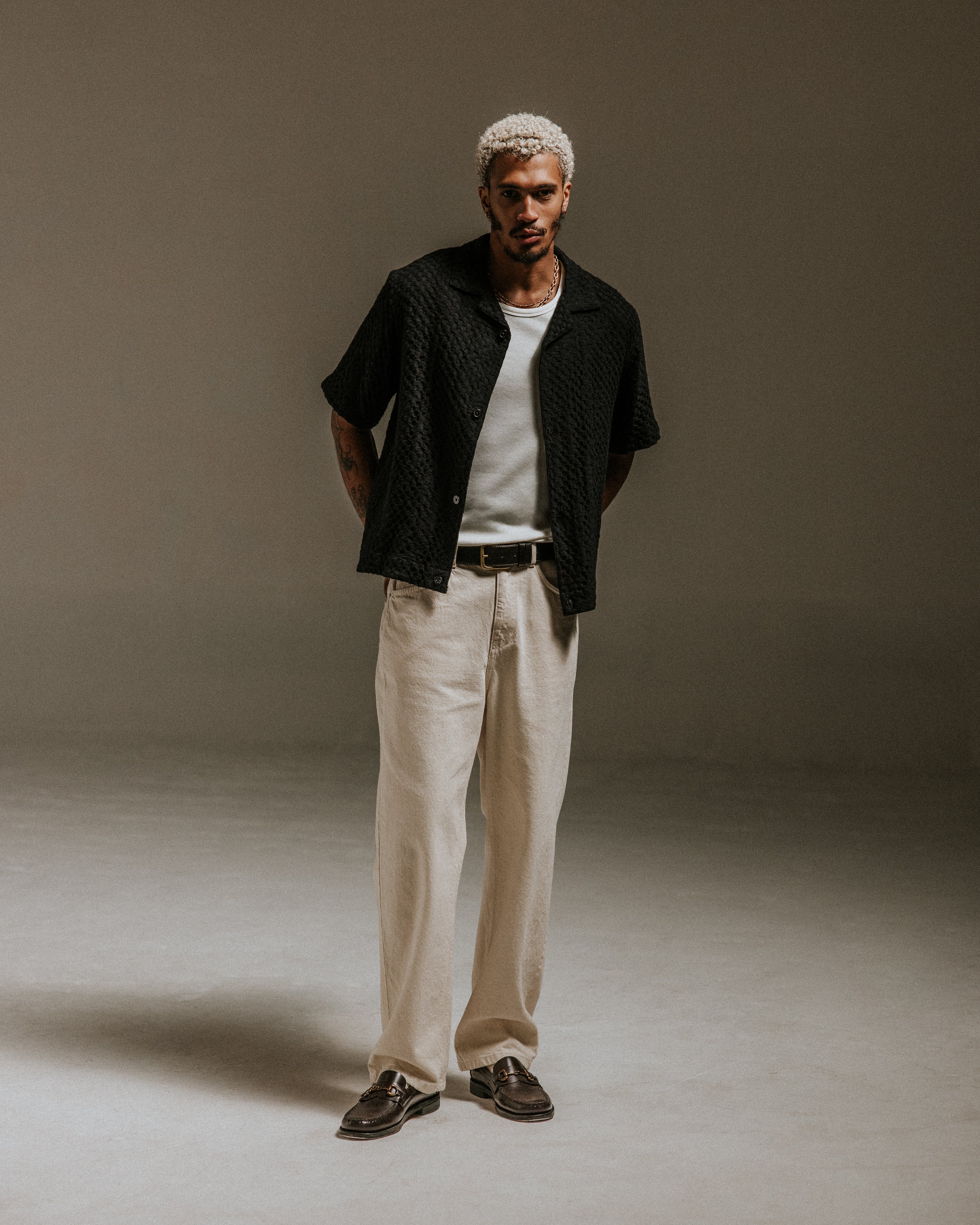 Lido - Black Dobby Cotton Weave Short-Sleeve Shirt