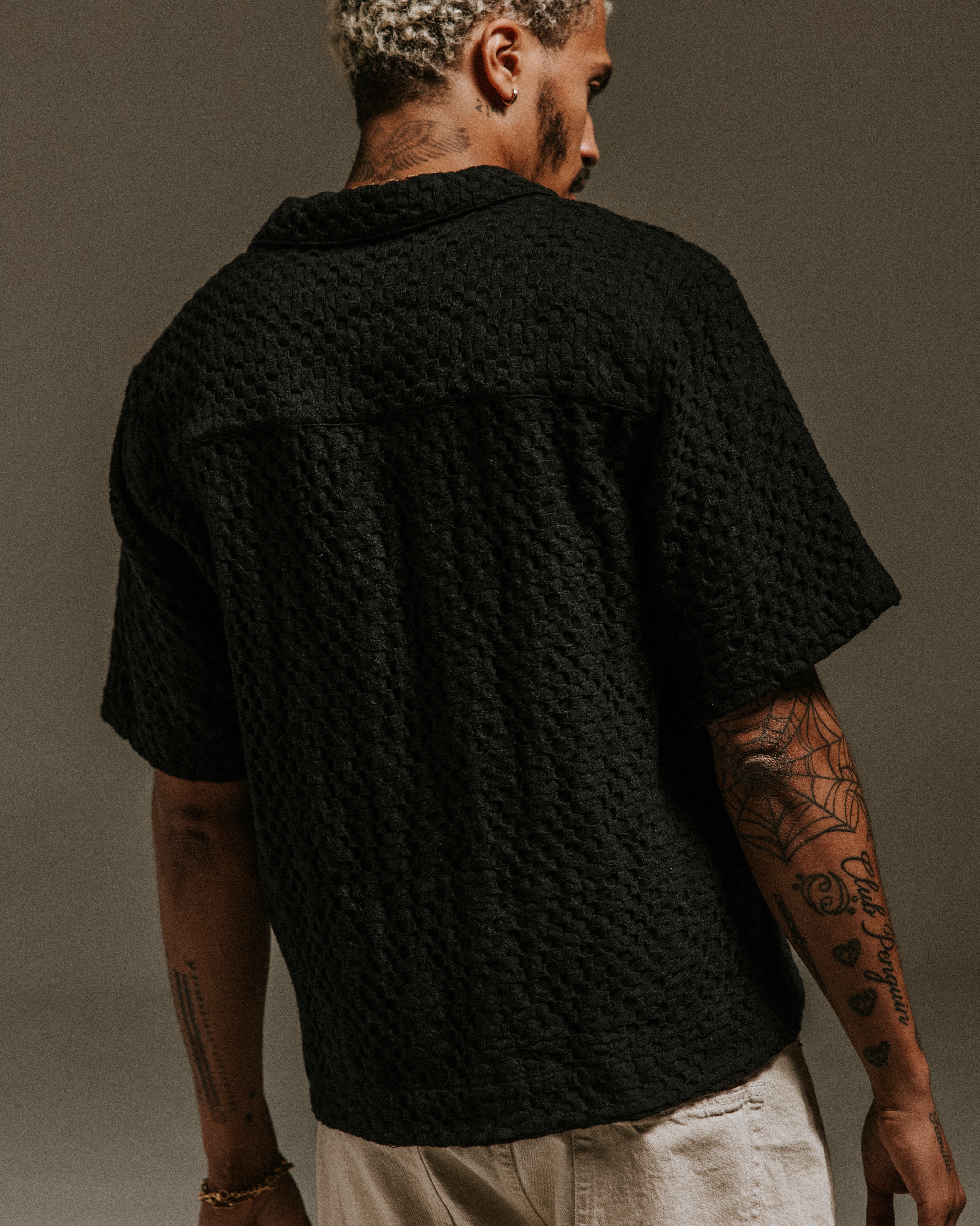 Lido - Black Dobby Cotton Weave Short-Sleeve Shirt