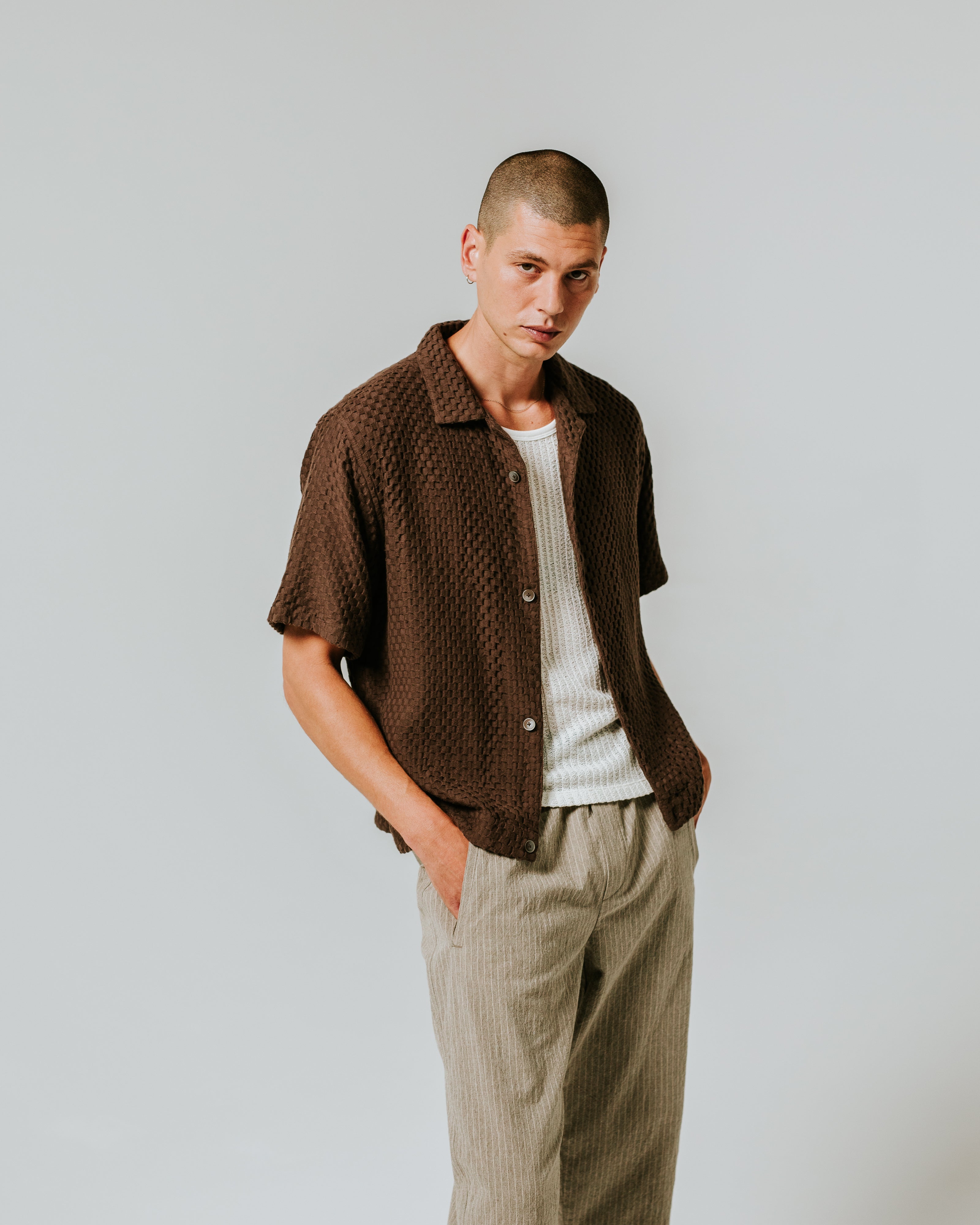 Lido - Brown Dobby Cotton Weave Short-Sleeve Shirt