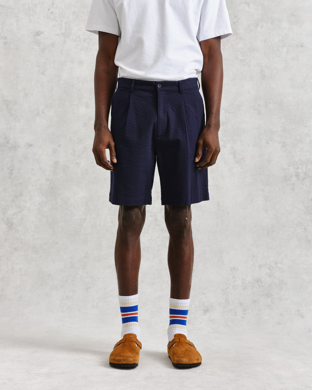 Linton - Navy Cotton Seersucker Pleated Shorts