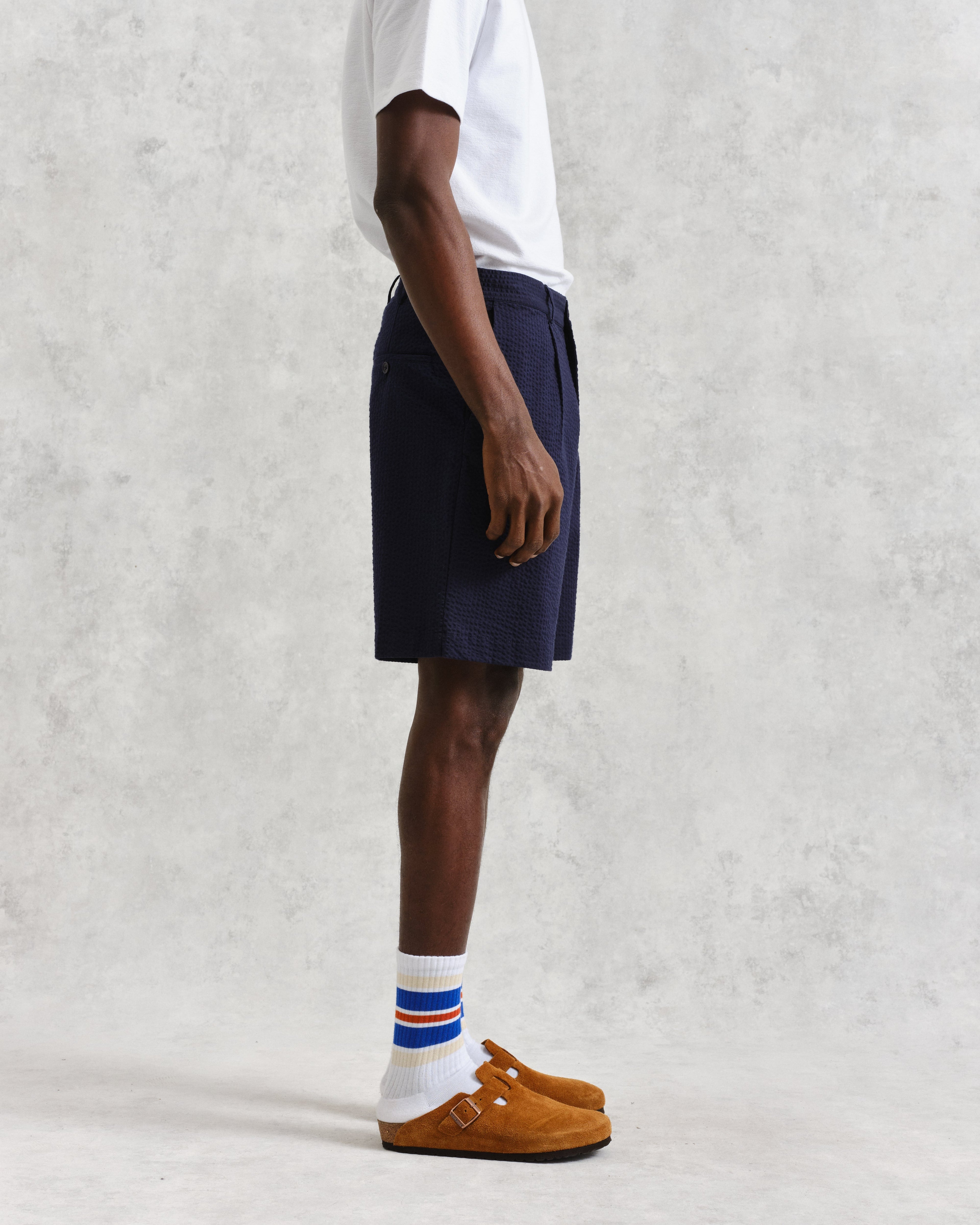 Linton - Navy Cotton Seersucker Pleated Shorts