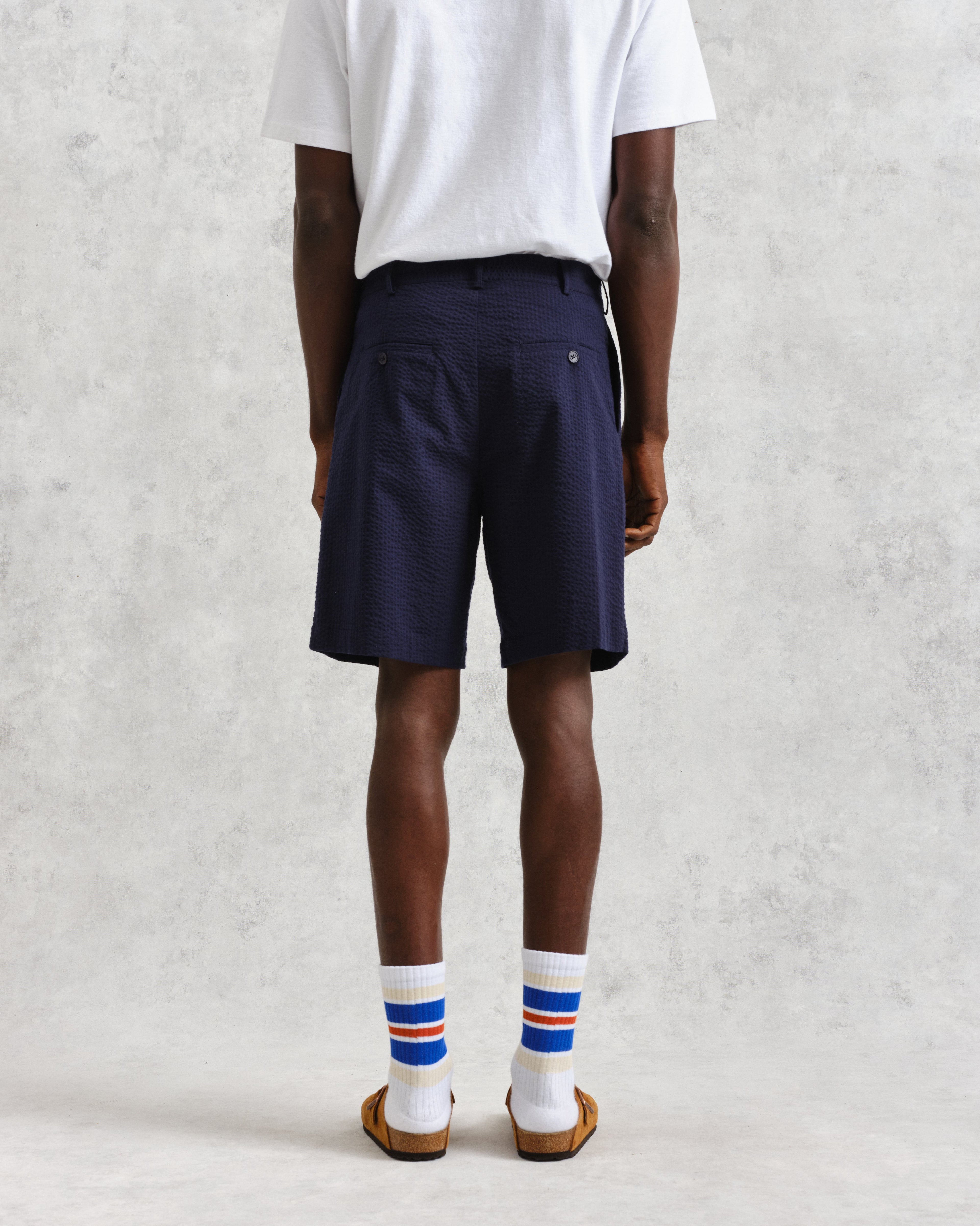 Linton - Navy Cotton Seersucker Pleated Shorts