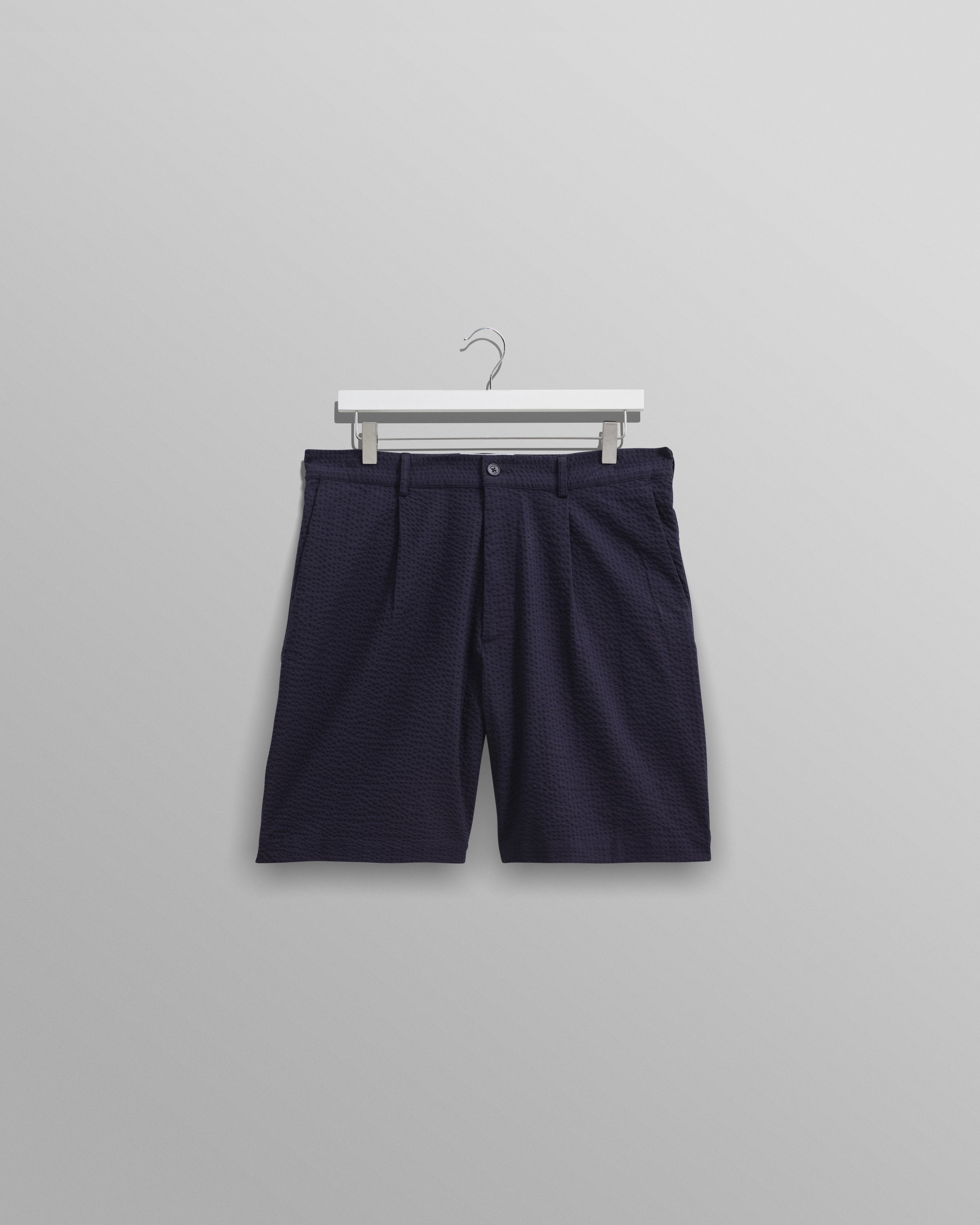 Linton - Navy Cotton Seersucker Pleated Shorts
