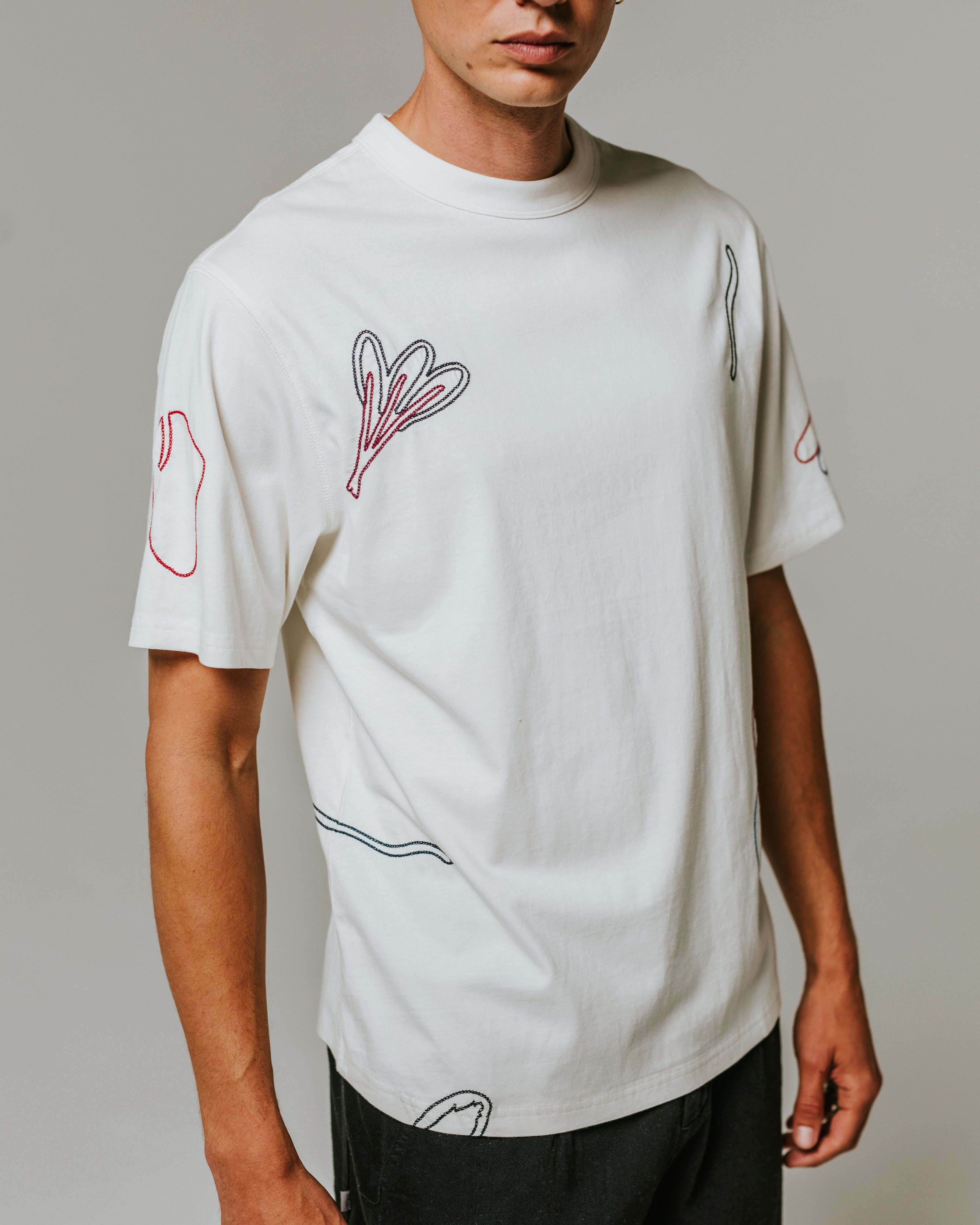 Milton - Ecru Embroidered Organic Cotton T-Shirt