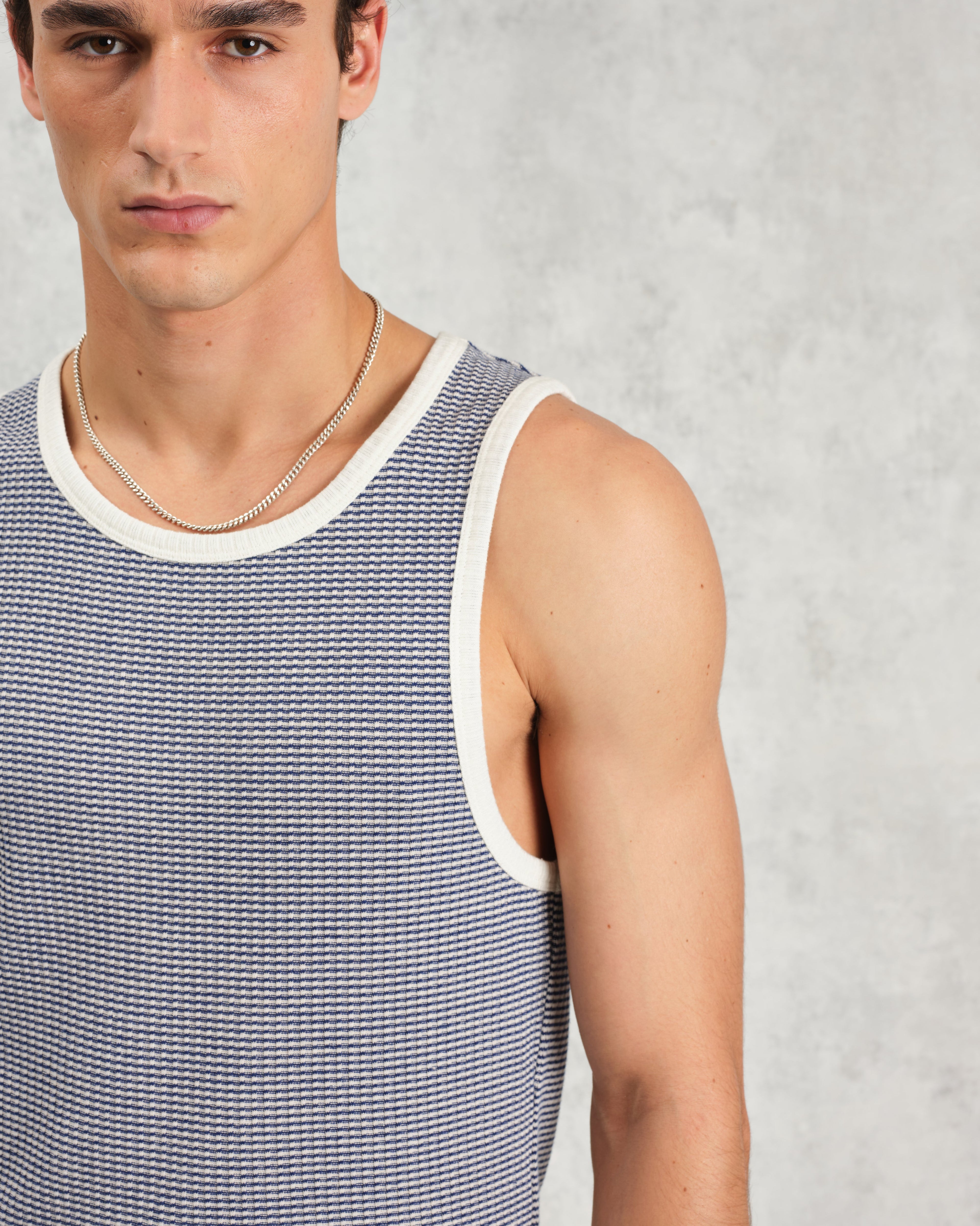 Montague - Blue And Ecru Striped Ribbed Organic Cotton Vest