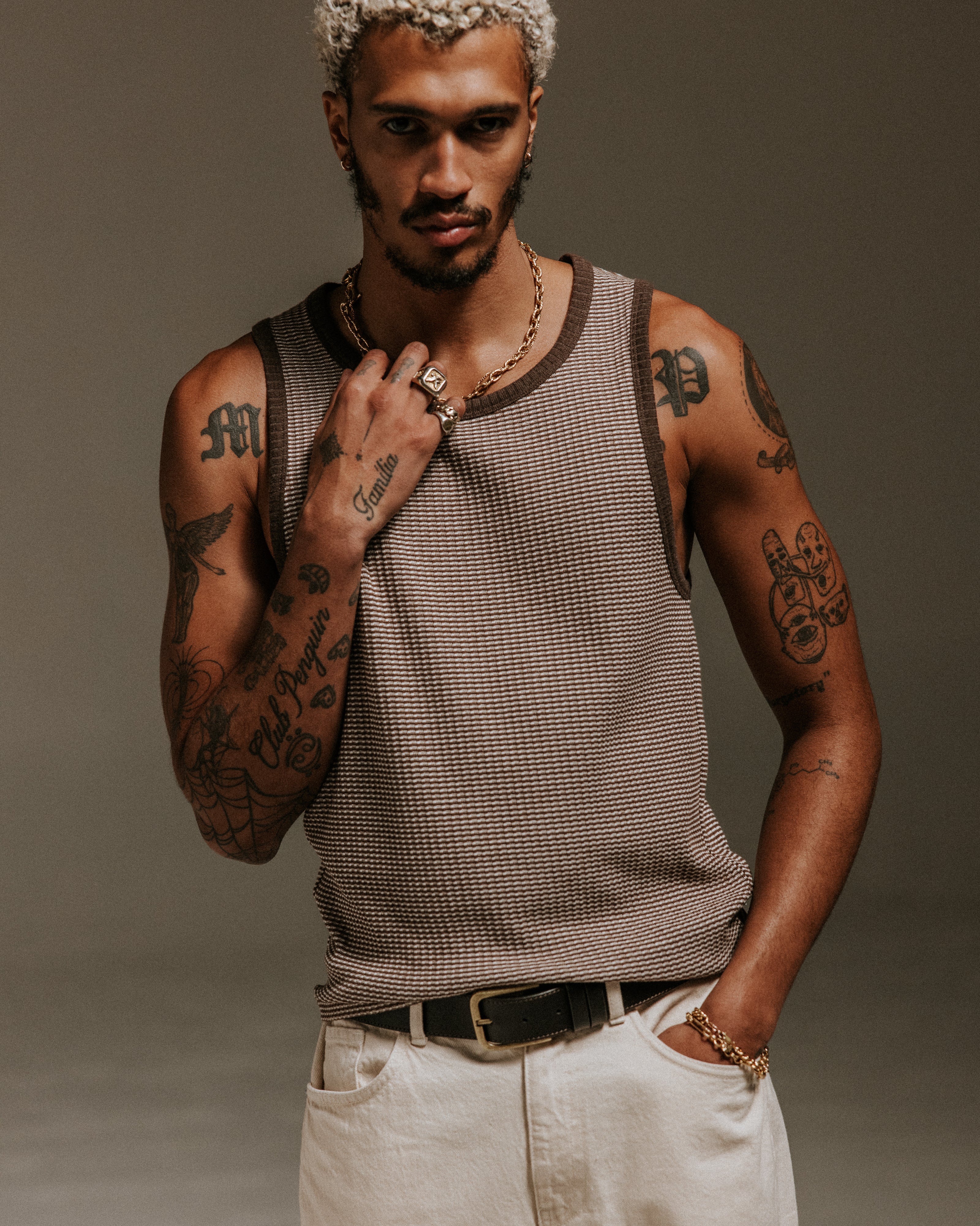 Montague - Brown And Ecru Striped Ribbed Organic Cotton Vest