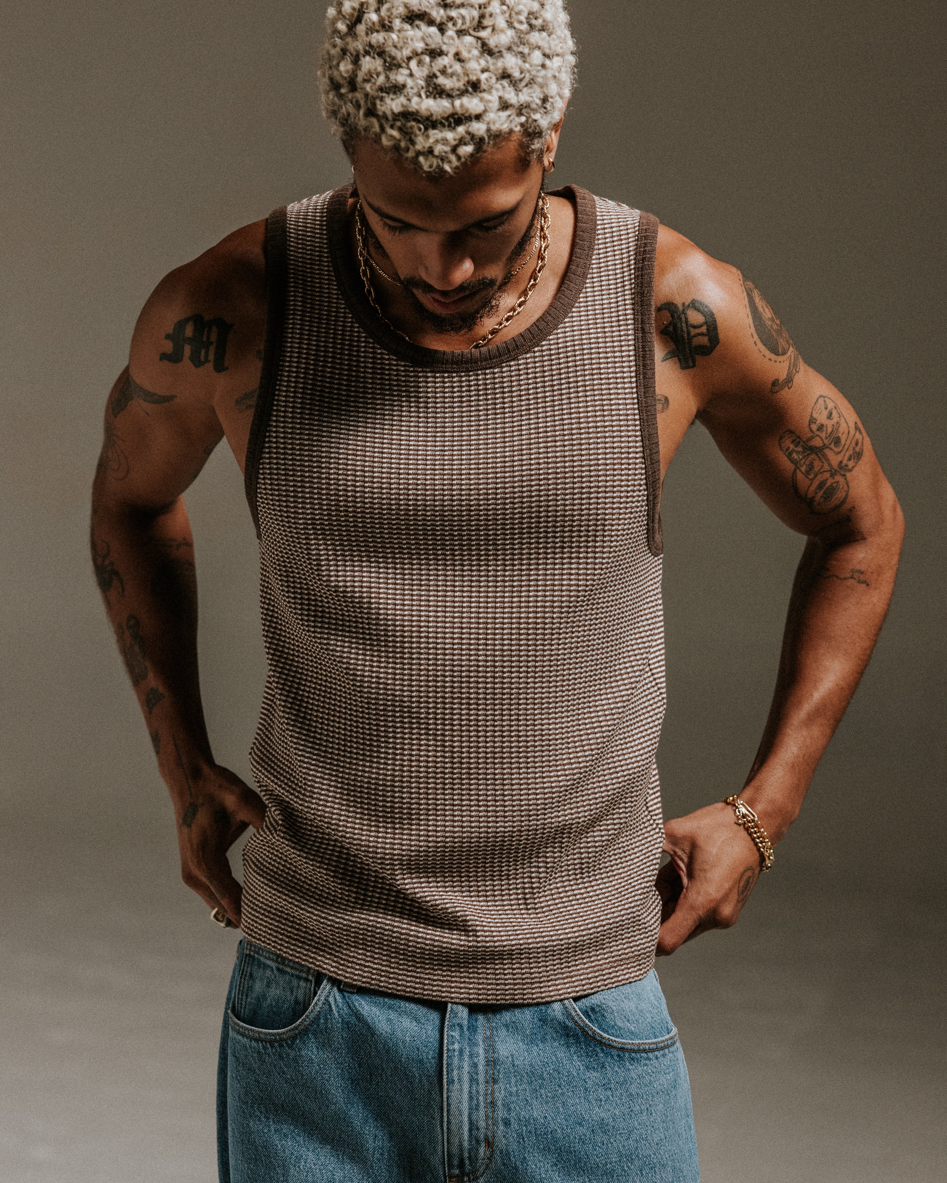 Montague - Brown And Ecru Striped Ribbed Organic Cotton Vest