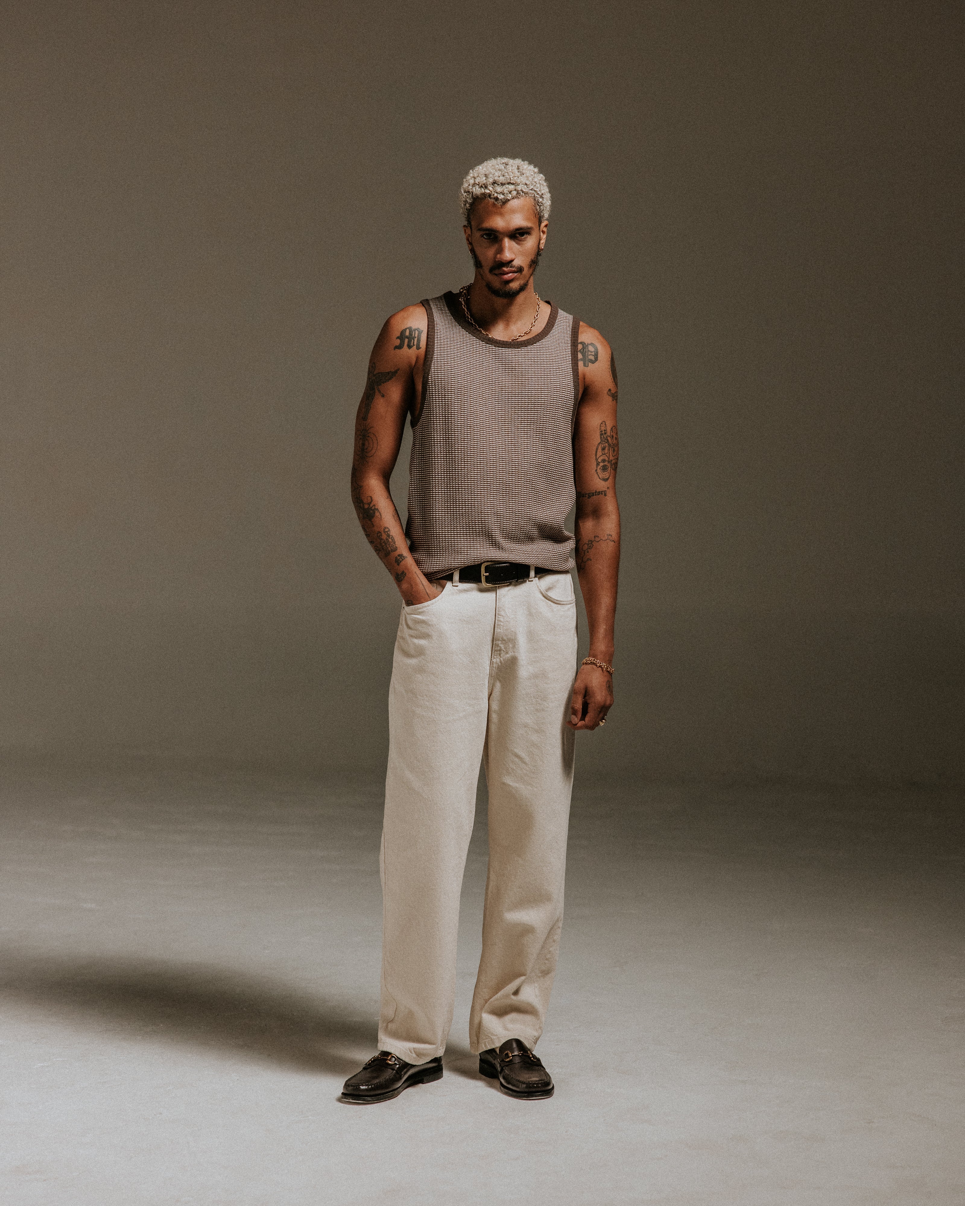 Montague - Brown And Ecru Striped Ribbed Organic Cotton Vest
