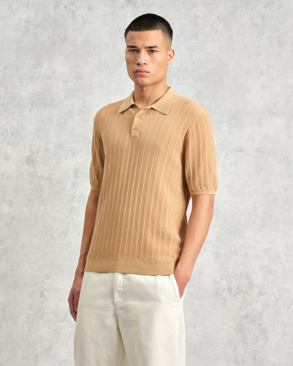 Naples - Camel Textured Knitted Polo Shirt