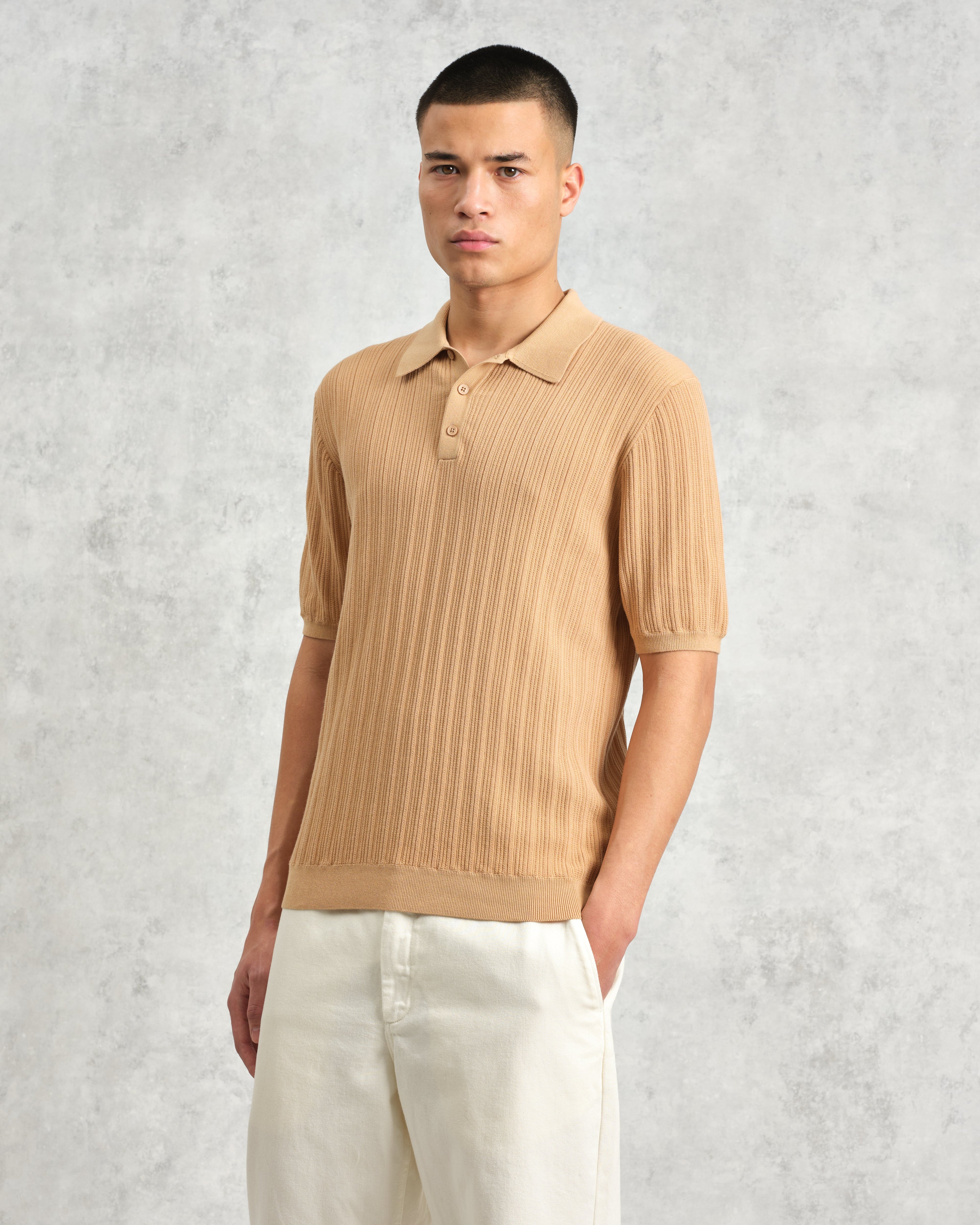Naples - Camel Textured Knitted Polo Shirt