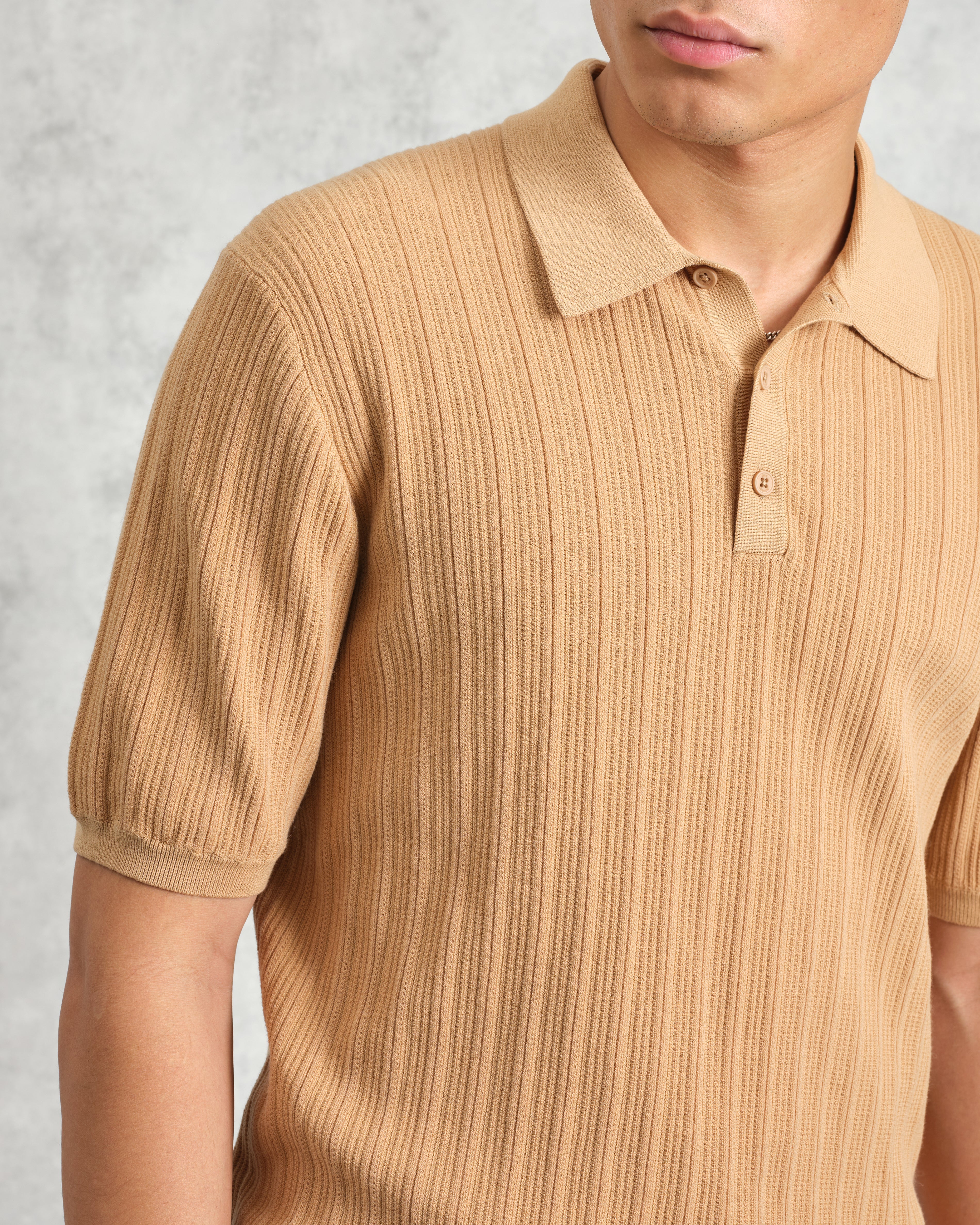 Naples - Camel Textured Knitted Polo Shirt